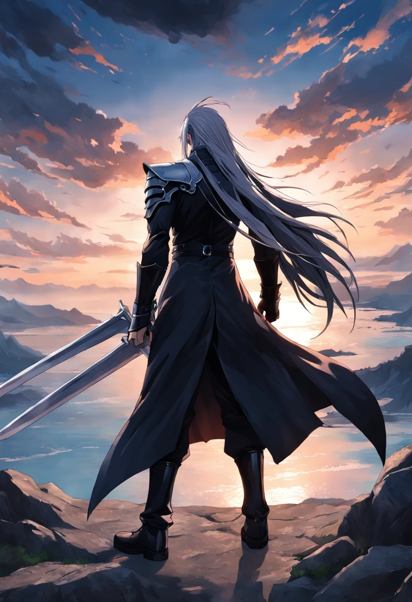 An incredibly detailed illustration of Sephiroth from Final Fantasy with his black outfit looking out over the horizon, corpo inteiro, incredible details, sombras perfeitas, Dynamic background, estilo de desenho hiper-realista.