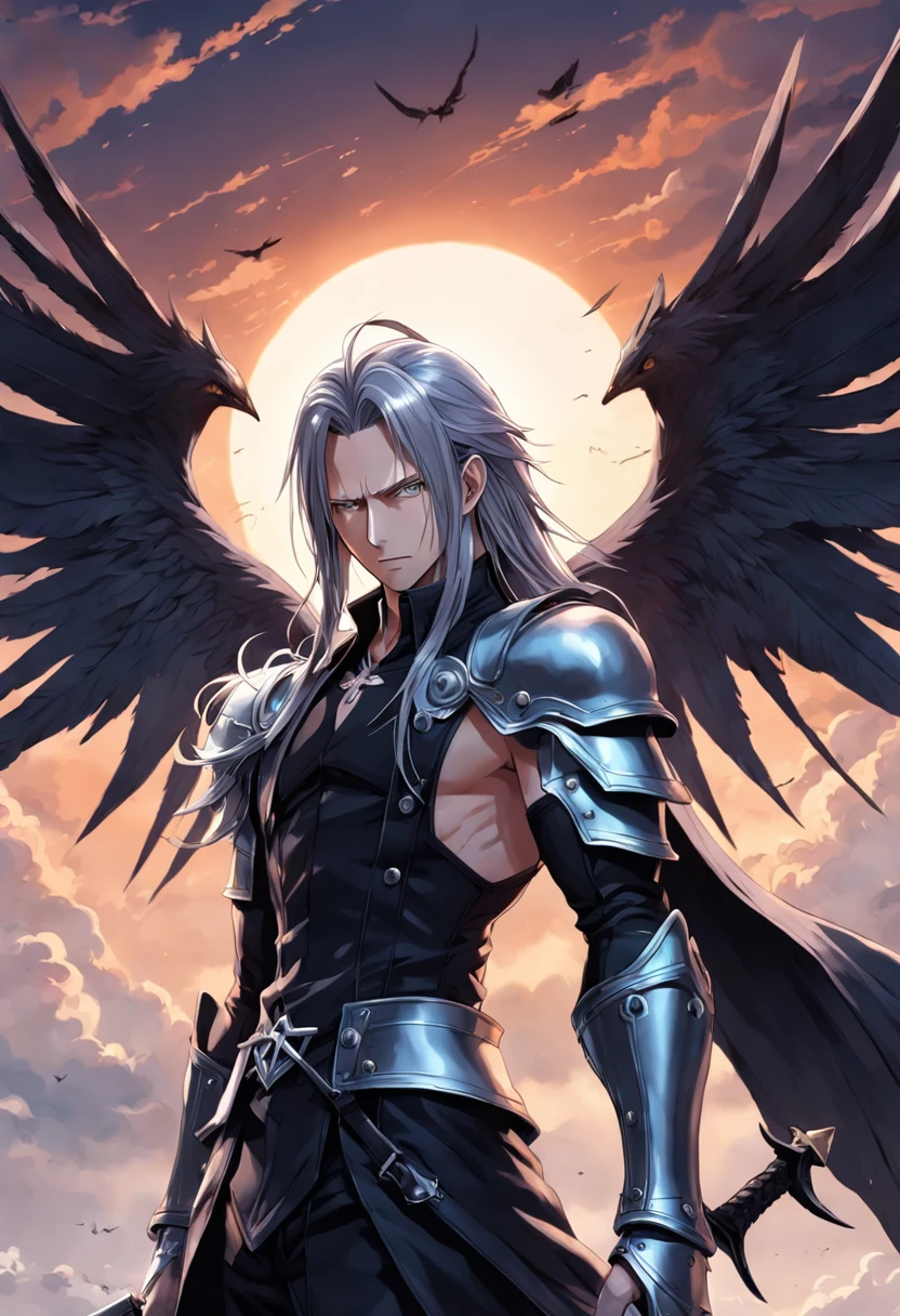 An incredibly detailed illustration of Sephiroth from Final Fantasy with his black outfit looking out over the horizon, corpo inteiro, incredible details, sombras perfeitas, Dynamic background, estilo de desenho hiper-realista.