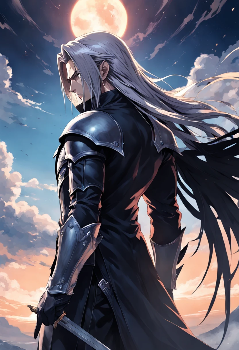 An incredibly detailed illustration of Sephiroth from Final Fantasy with his black outfit looking out over the horizon, corpo inteiro, incredible details, sombras perfeitas, Dynamic background, estilo de desenho hiper-realista.