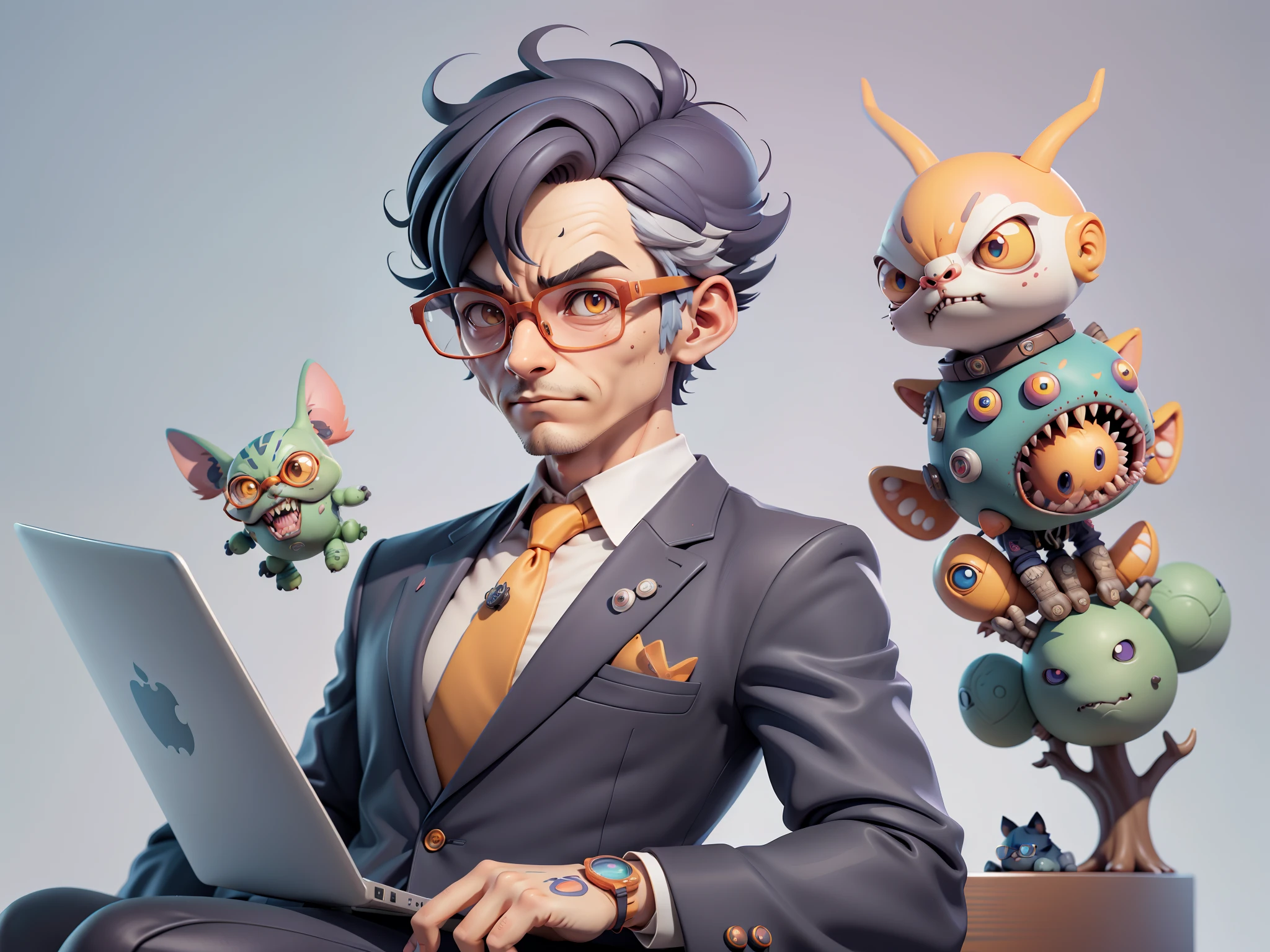 A young man in a suit, Short hair and glasses sat at his desk,holding laptop,digitial painting,tigre,3D character design by Mark Clairen and Pixar and Hayao Miyazaki and Akira Toriyama,4K HD illustration,Very detailed facial features and cartoon-style visuals。