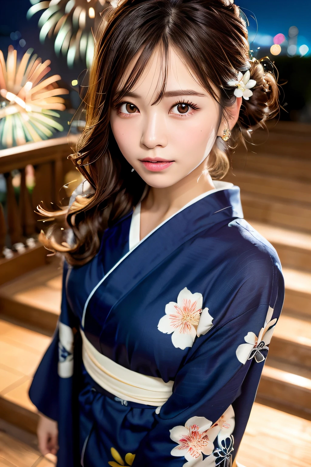 (masterpiece:1.3), high resolution, ultra detailed, extremely detailed CG unity 8k wallpaper, realistic, photo-realistic, RAW photo, beautiful detailed face, pale skin, realistic glistening skin, detailed cloth texture, detailed hair texture, Perfect body, Beautiful Face, accurate, Anatomically correct, Highly detailed face and skin texture, natural neck length, (beautiful hands), (fair skin:1.2), Thin legs, Thin feet, (well-aligned teeth:1.1), sweaty skin, 
BREAK, 
Detailed eyes, symmetric eyes, Light Brown eyes, Double eyelids, Thin eyebrows, (moist eyes:1.2), (Glossy lips:1.4), (Sleepy face:1.2), (blush:1.2), (A sparkling small hair accessory:1.1), 
BREAK, 
(A classy girl:1.3), (Wearing (a navy yukata:1.2) with white flower patterns), 
BREAK, 
((Close up shot:1.3)), 
medium breasts, slender figure, firm abs, 
((updo hairstyle, Dark blonde hair, wavy hair, long hair, asymmetric bangs:1.2)), 
BREAK, 
((Standing on the Stairs with leaning forward with Selfie pose from above:1.2)), ((Countless colorfully fireworks are bursting in the night sky behind in riverside terrace:1.2)),