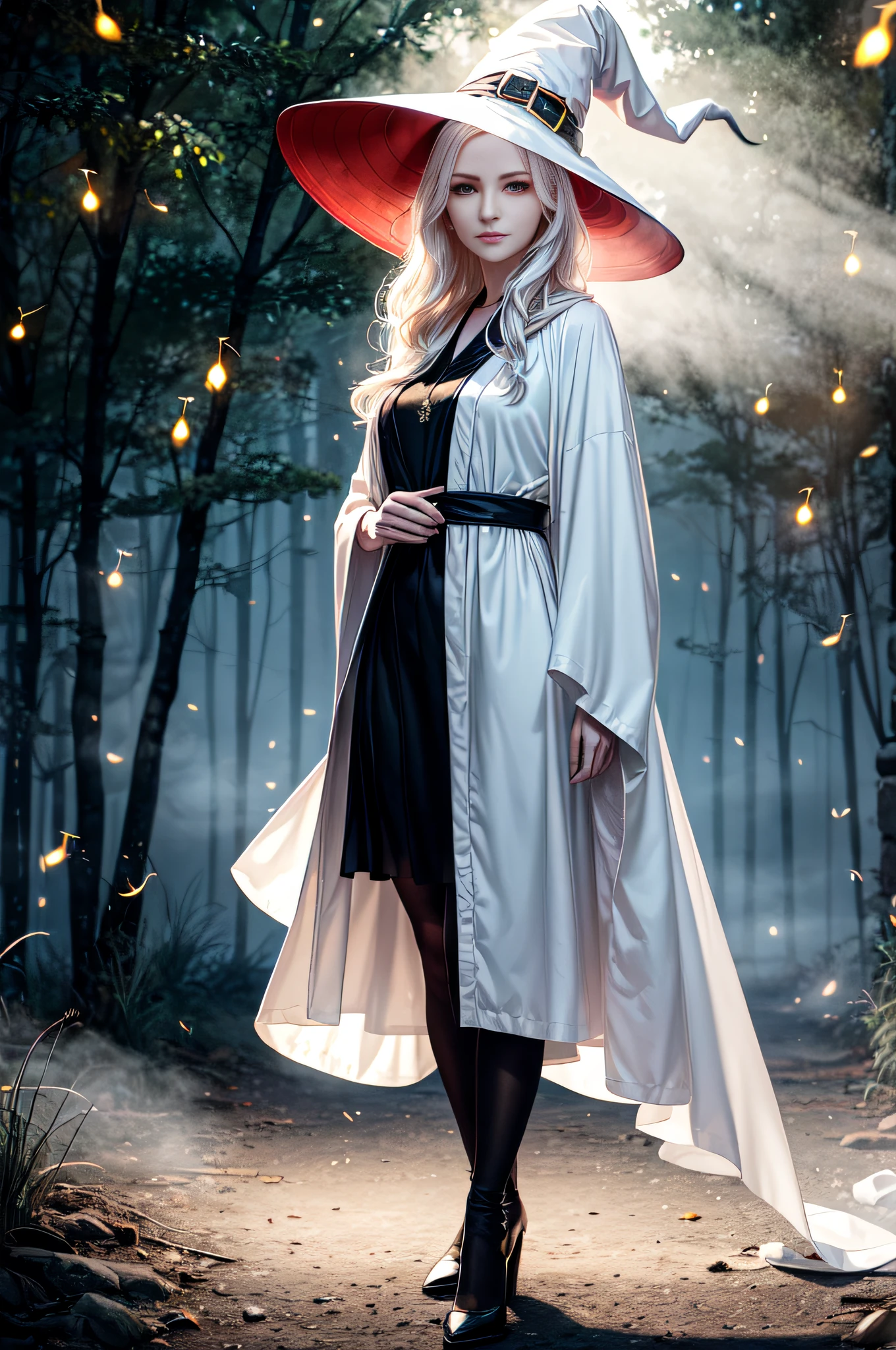 RAW photo, one person, skin invisible, full body photo of 60 year old woman, witch, Sensual beautiful woman with round cheeks, realistic facial expression, light red eyes, pale skin, wavy white hair, long hair, witch hat, white skin, slender body, wearing full body black robe with rich decoration, confident expression, (fireflies, glowing particles, ethereal fog, faint darkness), high saturation, film light, rim light, best shadows, pointing here, background is urban ruins, (very detailed skin: 1.2), 8k UHD, DSLR, soft lighting, high quality, film particles, fujifilm XT3