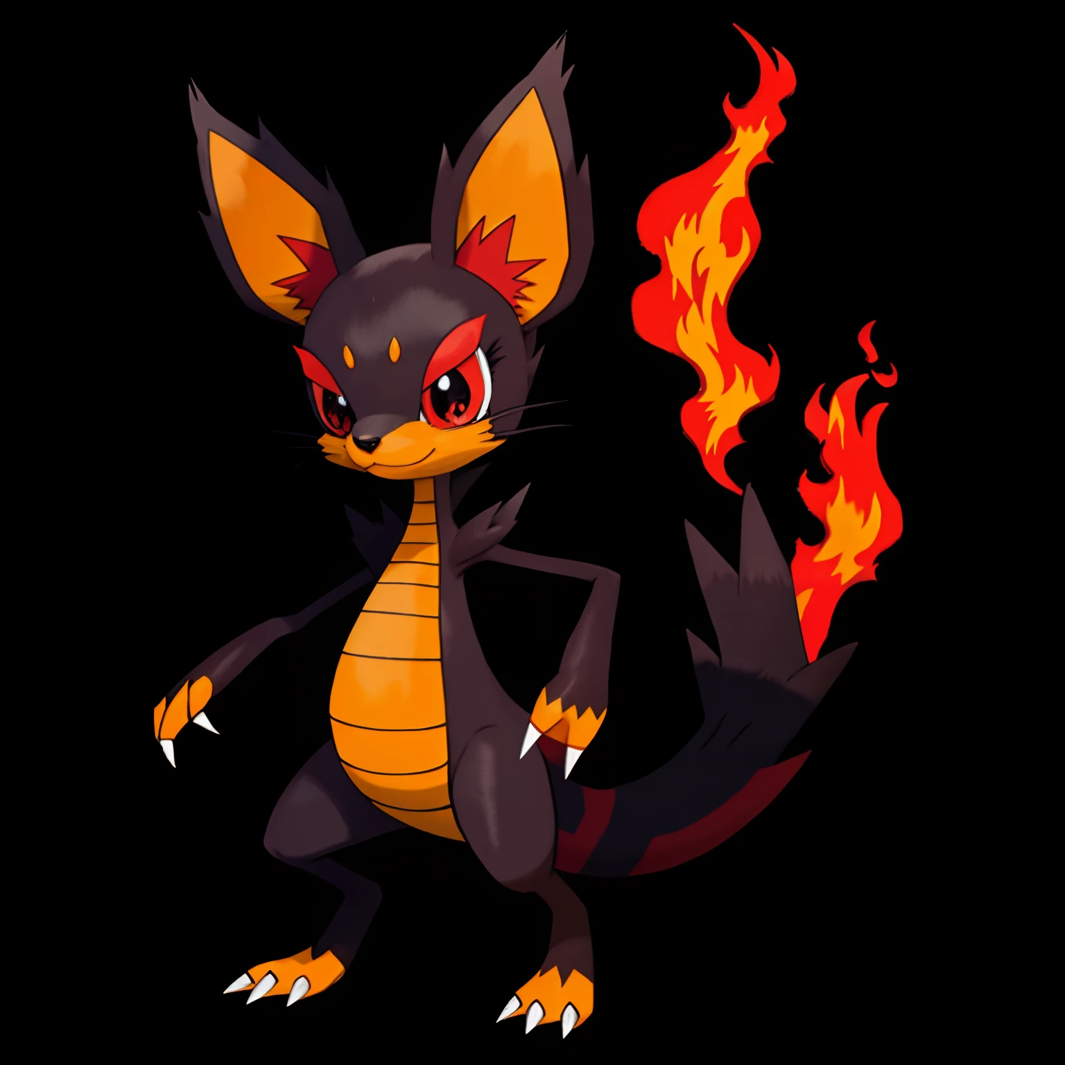 pokemon, fire, coatimundi, monster like, cute, masterpiece, high quality, best quality, high-definition, ultra-detailed, black background,