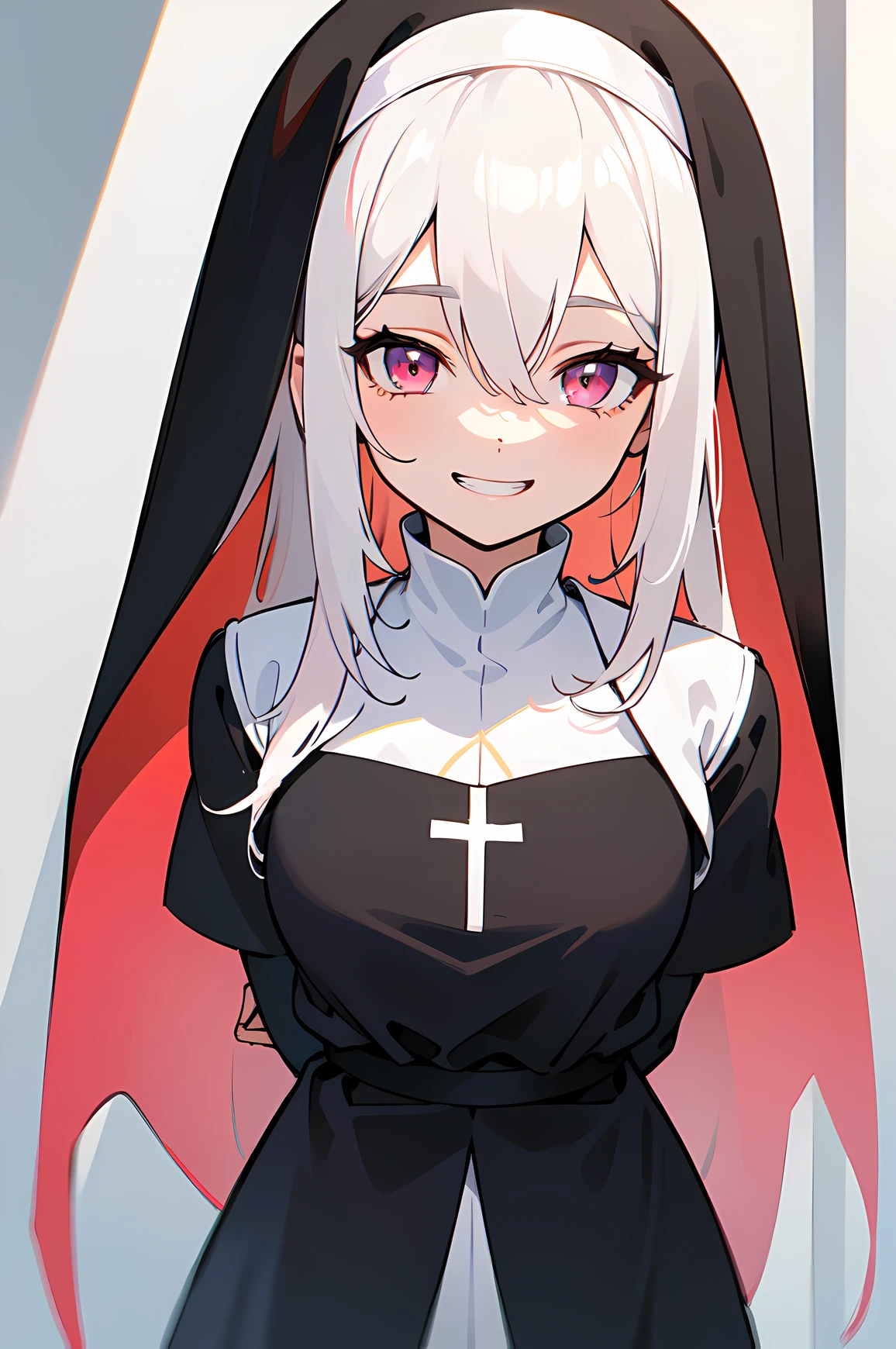 (masterpiece, best quality:1.4), 1girl, (mature female:1.2), milf, assertive female, white fox ears, white hair, (very long hair), (hair over one eye:1.2), red eyes, sharp eyelash, sharp eyes, (nun cassock:1.1), black garter belt, church, indoors, cowboy shot, sidelighting, dymamic angle, <lora:EnvyGoodHands-beta2:1>