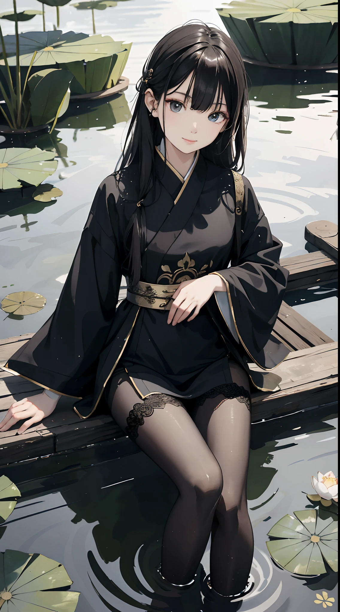 hoang lap,8K high resolution,ultra - detailed,(1girll:1.3),handpainted,Simple lines,-yeld giwearing black Chinese clothing,beuaty girl,In the lotus pond,tmasterpiece,Sit on a plank floating in the water,Floating hair,black pantyhoses,black pantyhoses,looking toward the viewer,ssmile