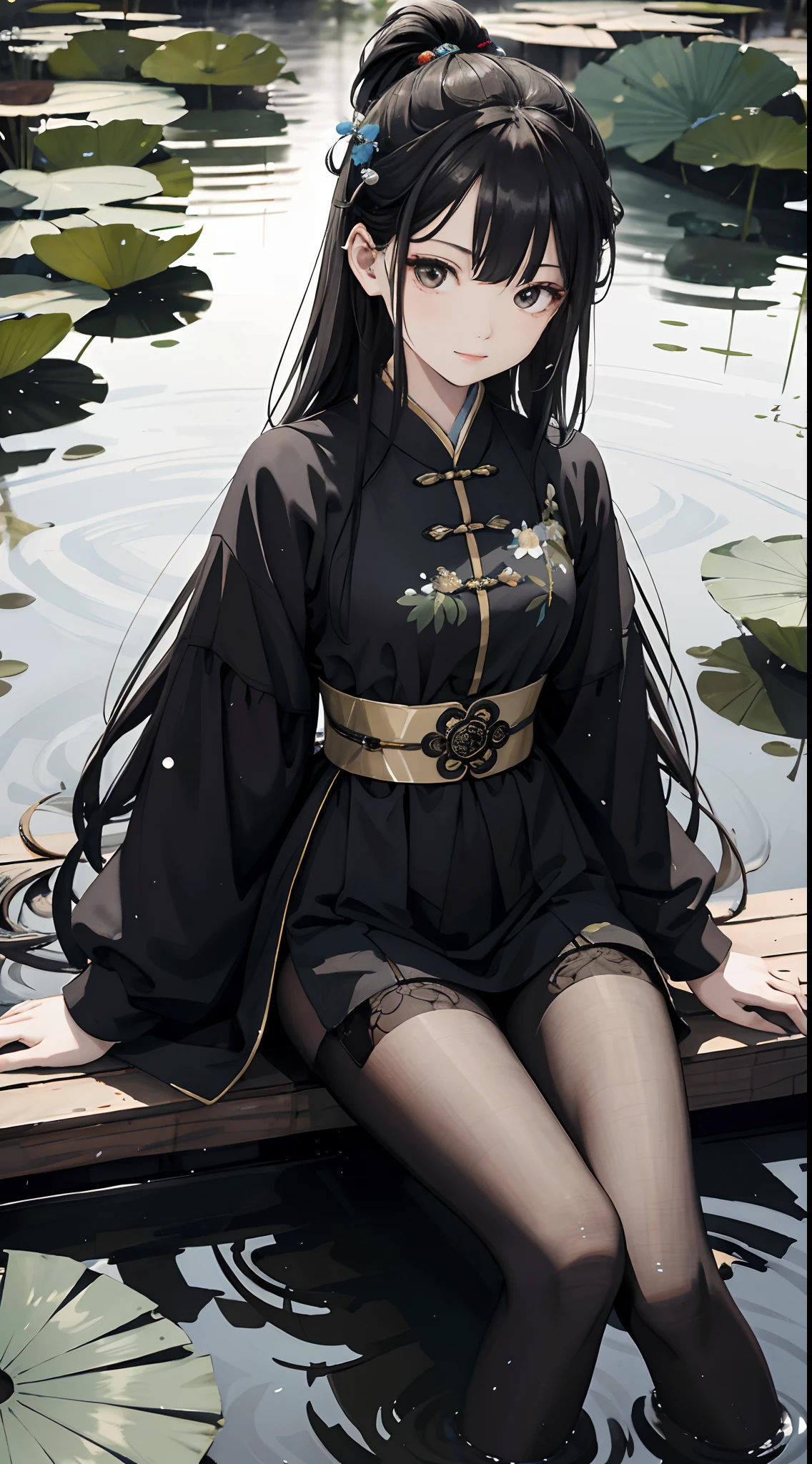 hoang lap,8K high resolution,ultra - detailed,(1girll:1.3),handpainted,Simple lines, wearing pink Chinese clothes and black pantyhose,beuaty girl,In the lotus pond,tmasterpiece,Sit on a plank floating in the water,Floating hair,looking toward the viewer,ssmile,posed for photo,