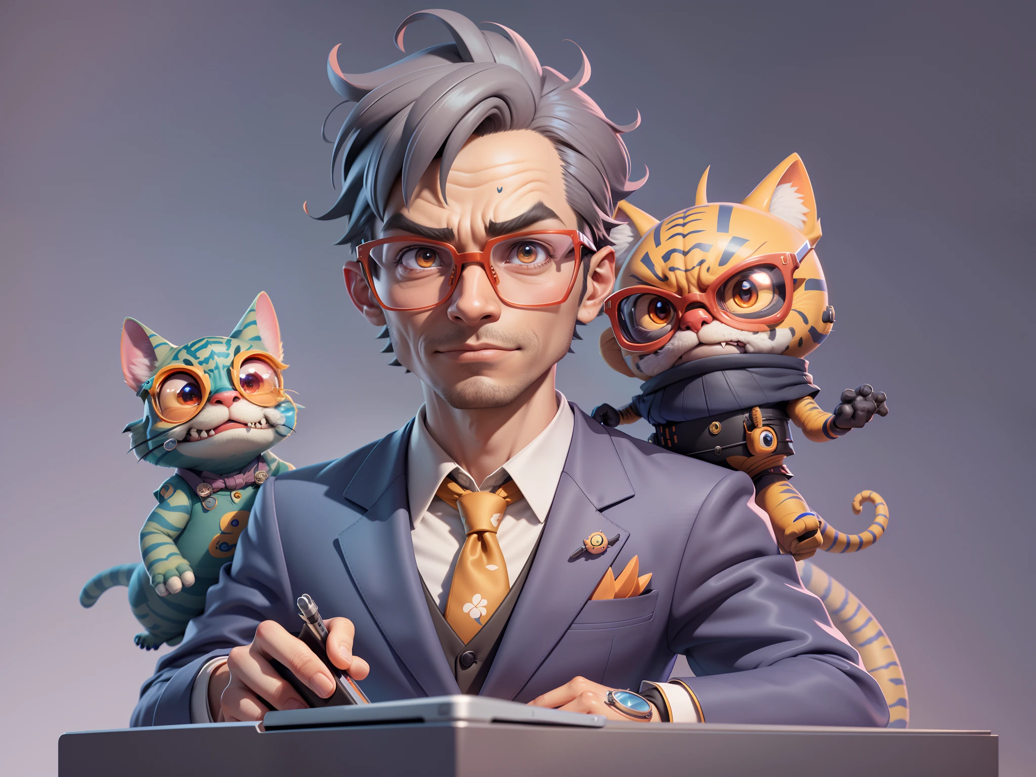 A young man in a suit, Short hair and glasses sat at his desk，holding laptop，digitial painting，tigre，3D character design by Mark Clairen and Pixar and Hayao Miyazaki and Akira Toriyama，4K HD illustration，Very detailed facial features and cartoon-style visuals。