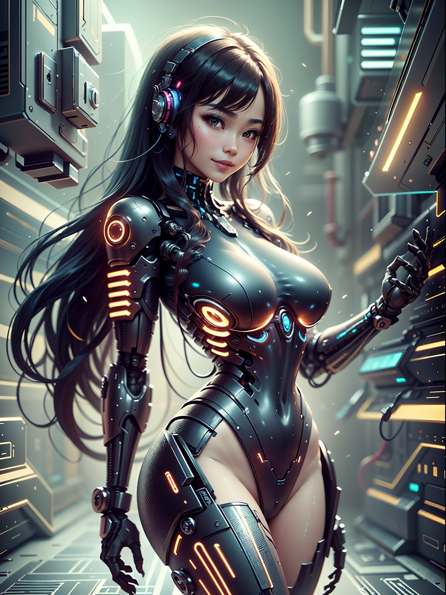 Mecha combined with flesh sexy asian woman, cyberpunk, full body, standing, hairstyle long hair, smile, cute face. Intricate and reflective details. Background is in focus and in hyper detail. Your face is very cute and sexy. 4k unreal engine 5 monochromatic