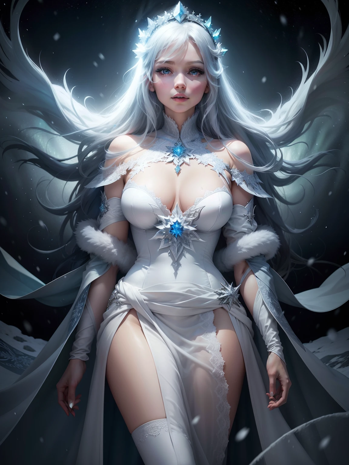 Snow queen, A snow-covered expanse, illuminated by a brilliant aurora that dances across the night sky, modest gown covers all