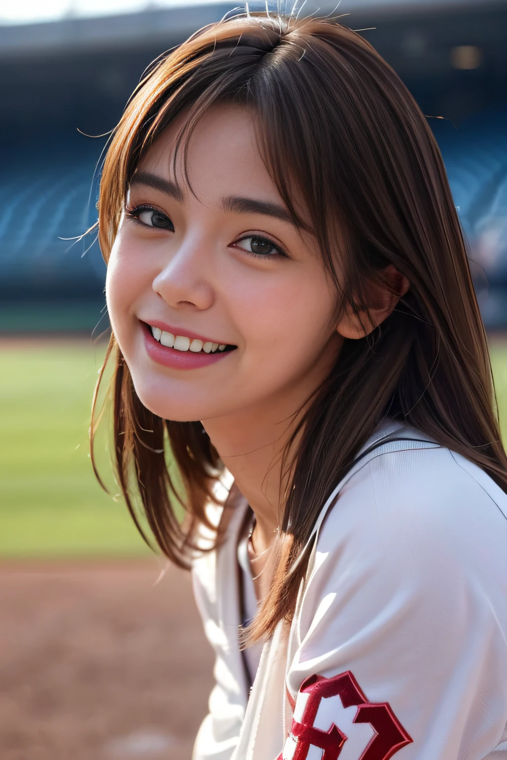 Photorealistic, brghtest smile, 18yo, ponytail hair