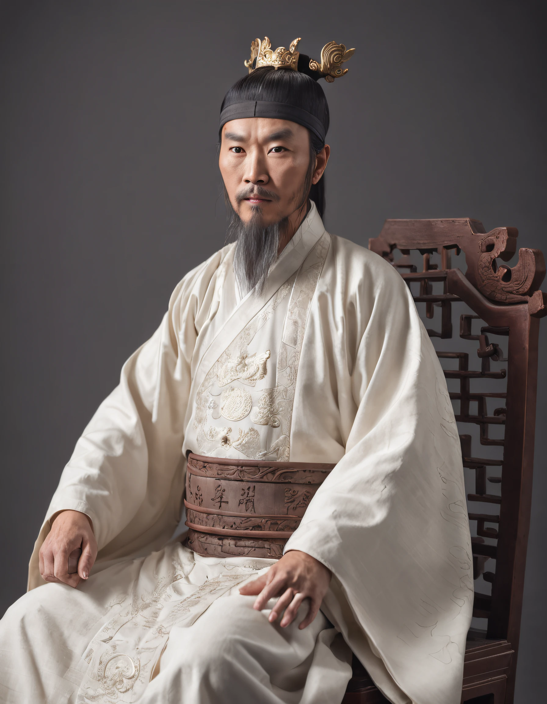Emperors of ancient China,Shang Dynasty,dressed white hanfu,Asian people,age 55,Fei Xiang,Square face,Deep eyes,Beard,sitting on an royal throne,Look at the camera condescendingly,Behind it is a gorgeous Chinese pattern,Best quality, Masterpiece, 超高分辨率