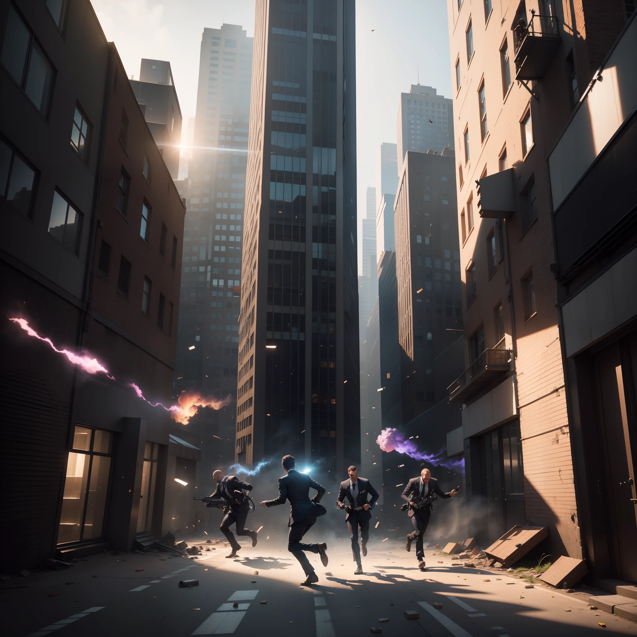 People wearing suits being shot at in a building, people falling and running in a building being hit by bullets, windows, walls, people all being shot with bullets, with iridescent light, highly detailed images, vibrant beautiful colours, photorealistic image, 8k, ultra HD, unreal engine rendered, cinematic lighting, artgerm style,