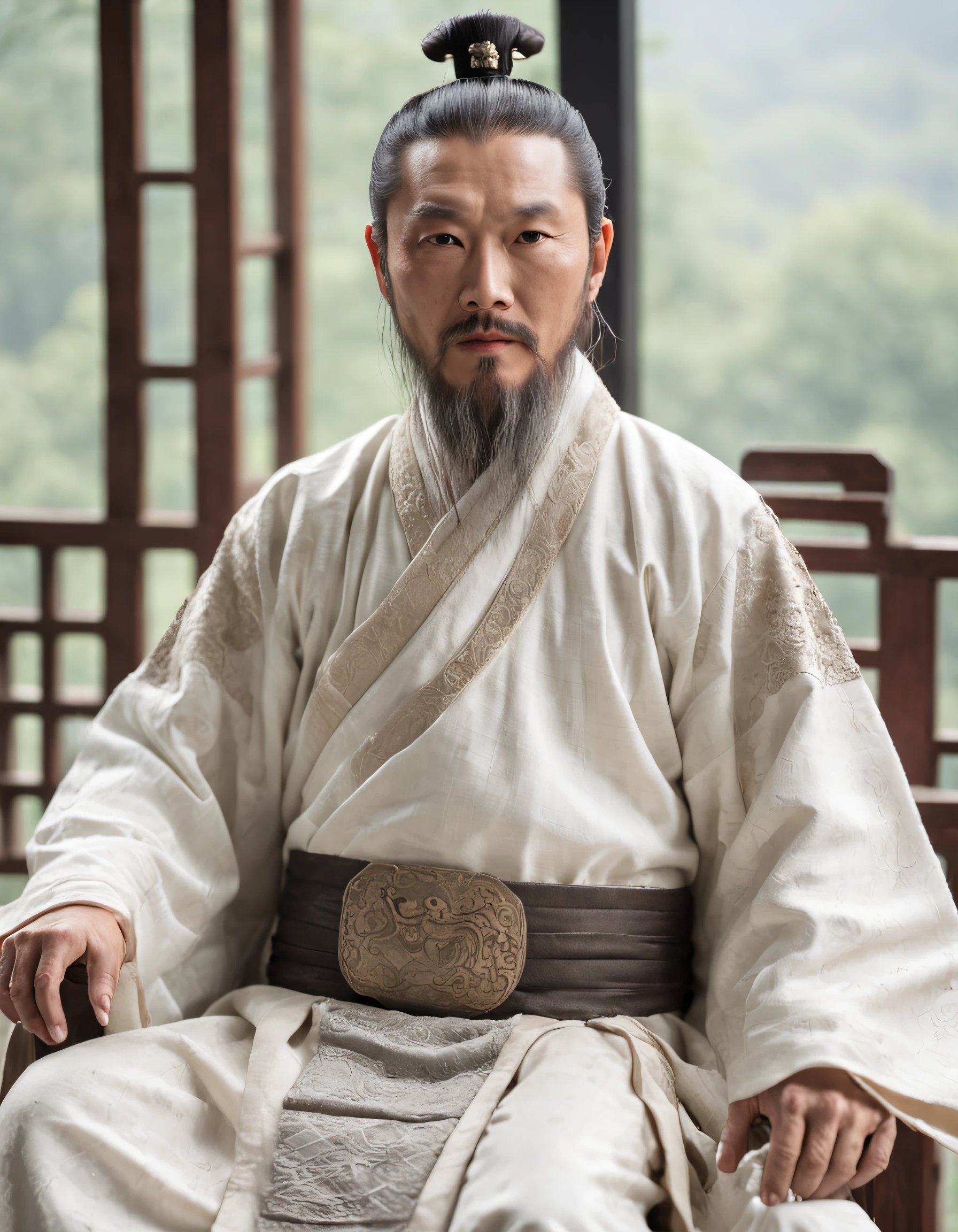 Emperors of ancient China,Shang Dynasty,dressed white hanfu,Asian people,age 55,Fei Xiang,Square face,Deep eyes,Beard,sitting on an royal throne,Look at the camera condescendingly,Behind it is a gorgeous Chinese pattern,Best quality, Masterpiece, 超高分辨率