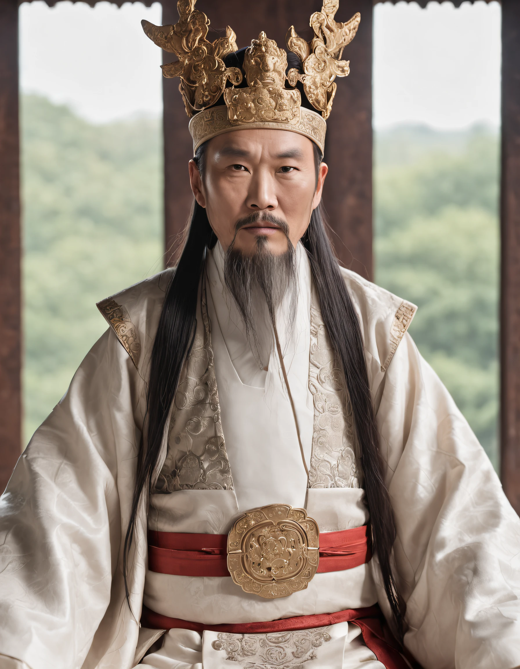 Emperors of ancient China,Shang Dynasty,dressed white hanfu,Asian people,age 55,Fei Xiang,Square face,Deep eyes,Beard,sitting on an royal throne,Look at the camera condescendingly,Behind it is a gorgeous Chinese pattern,Best quality, Masterpiece, 超高分辨率