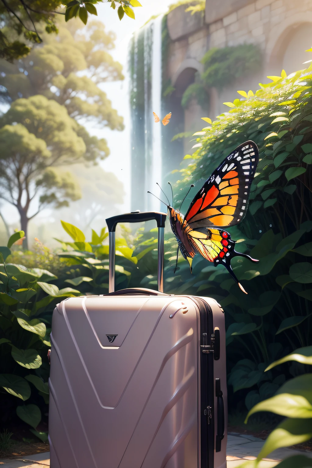 [best description] [Ultra Detalhado] [fantasia] [outdoors scenery] [luz do dia] zoom central em uma borboleta de verdade de asas bem pretas e escuras salpicadas de bolinhas vermelhas [asas pretas: ultradetalhadas]. This butterfly is perched on top of a zippered suitcase; mala na cor roxa. The suitcase is in a very beautiful garden
