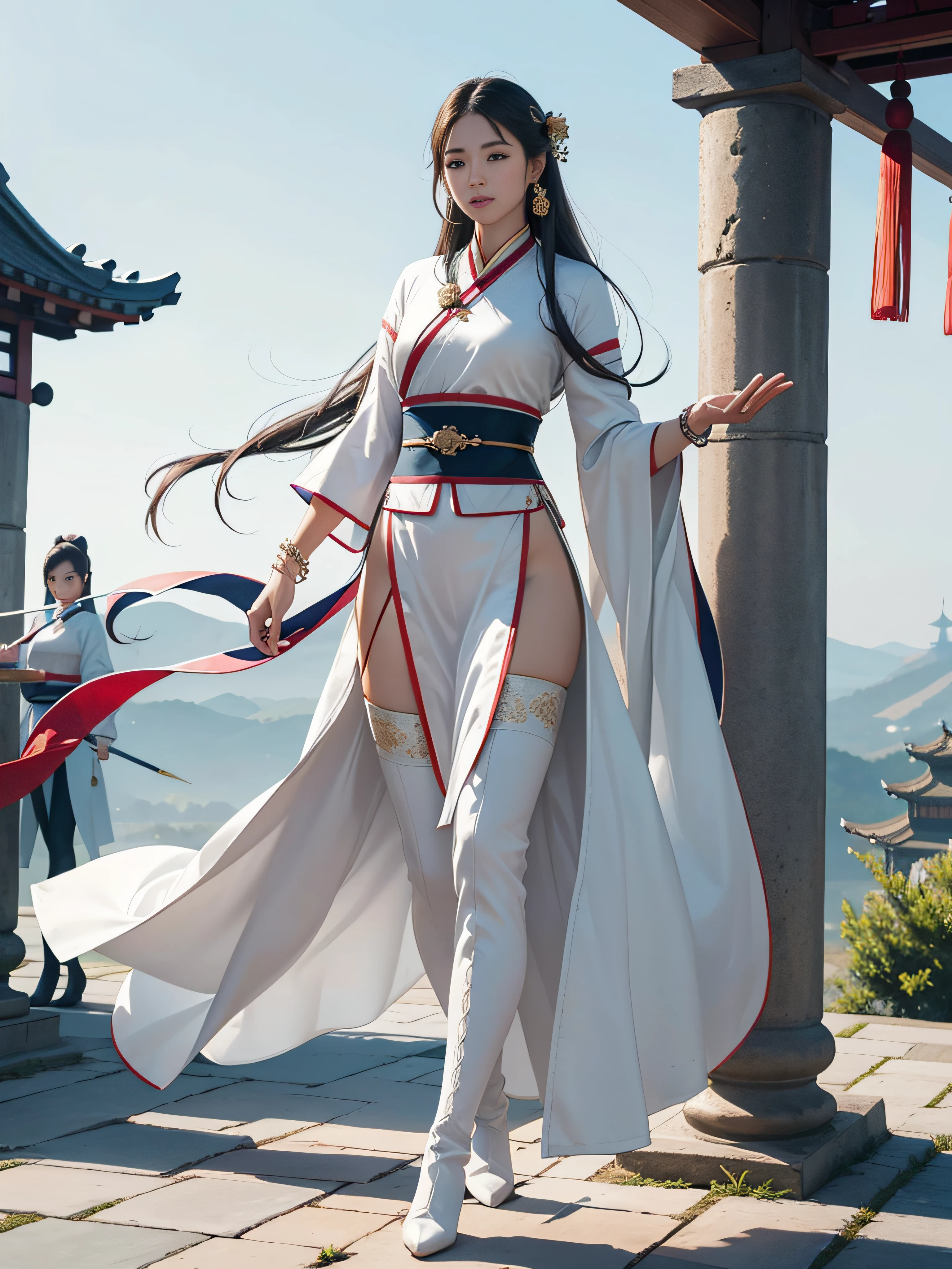 Mature older women，Royal sister，tmasterpiece，full bodyesbian，High-definition CG diagram，best qualityer，Oriental women，swordsmen，A high resolution，Absolutely beautiful，Hyper-detailing，Fine and detailed eyes and detailed face，garments：Hanfu，ancient wind，The top is a loose placket，Tight trousers on the lower body，Wearing delicate boots on his feet，Show knee-length socks，Wear a bracelet，allure：long whitr hair，Slender eyebrows，Heroic，Wide buttock，Thick thighs，Chinese Ancient Architecture，standing on your feet，looking to the front，独奏