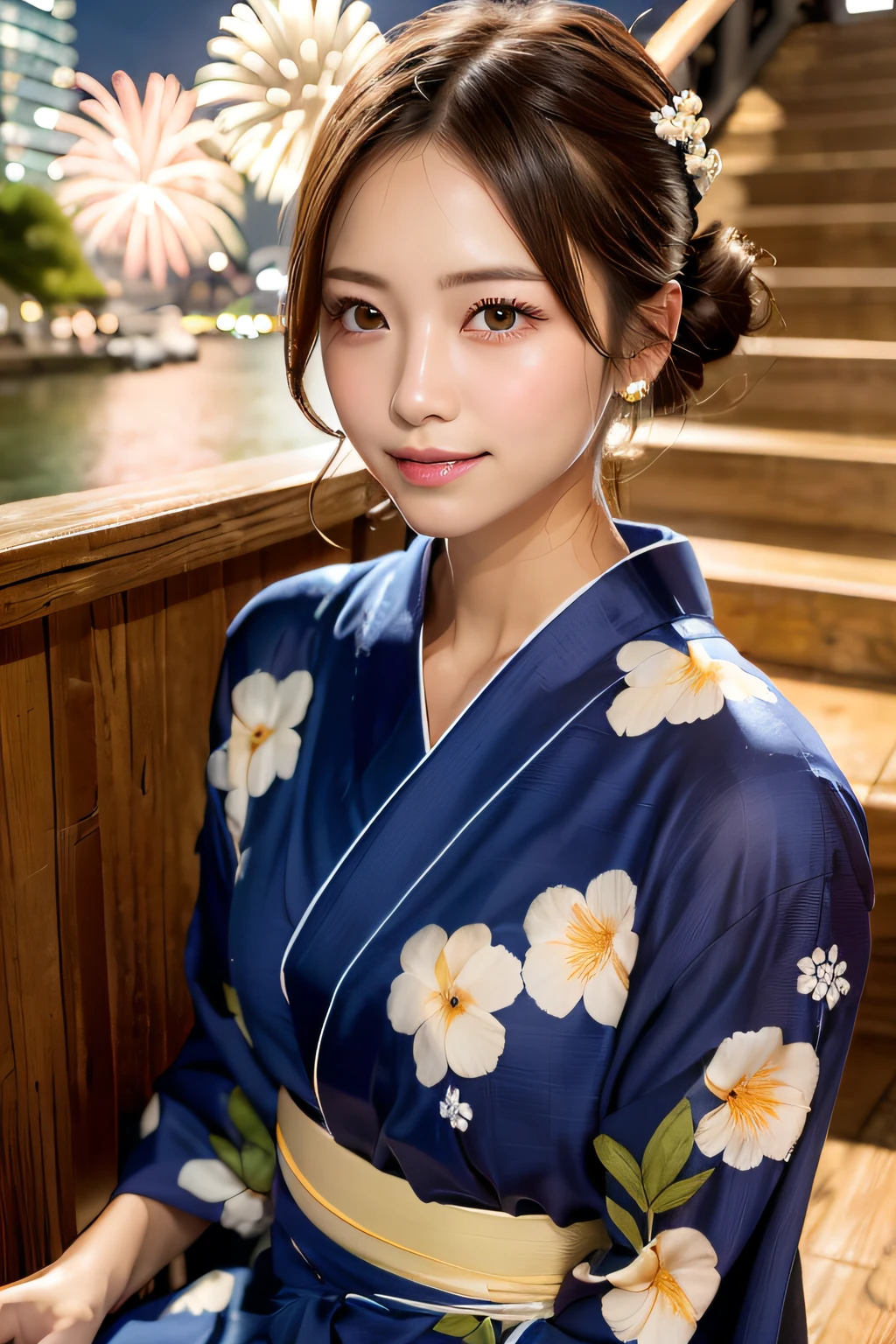 (masterpiece:1.3), high resolution, ultra detailed, extremely detailed CG unity 8k wallpaper, realistic, photo-realistic, RAW photo, beautiful detailed face, pale skin, realistic glistening skin, detailed cloth texture, detailed hair texture, Perfect body, Beautiful Face, accurate, Anatomically correct, Highly detailed face and skin texture, natural neck length, (beautiful hands), (fair skin:1.2), Thin legs, Thin feet, (well-aligned teeth:1.1),
BREAK,
Detailed eyes, symmetric eyes, Light Brown eyes, Double eyelids, Thin eyebrows, (Glossy lips:1.4), ((shy smile:1.2)), (blush:1.1), (A sparkling small hair accessory:1.1),
BREAK,
(A classy and Cute girl:1.3), (Wearing (A navy yukata:1.2) with white flower patterns),
BREAK,
medium large breasts, slender figure, firm abs, beautiful clavicle,
((updo hairstyle:1.2)), (Dark blonde hair), ((wavy hair, medium hair:1.2)), (Upper body shot:1.2),
BREAK,
((Sitting side by side on the stairs with Looking up at the countless fireworks in the night sky :1.2)), ((From the riverside terrace In Ikebukuro)),