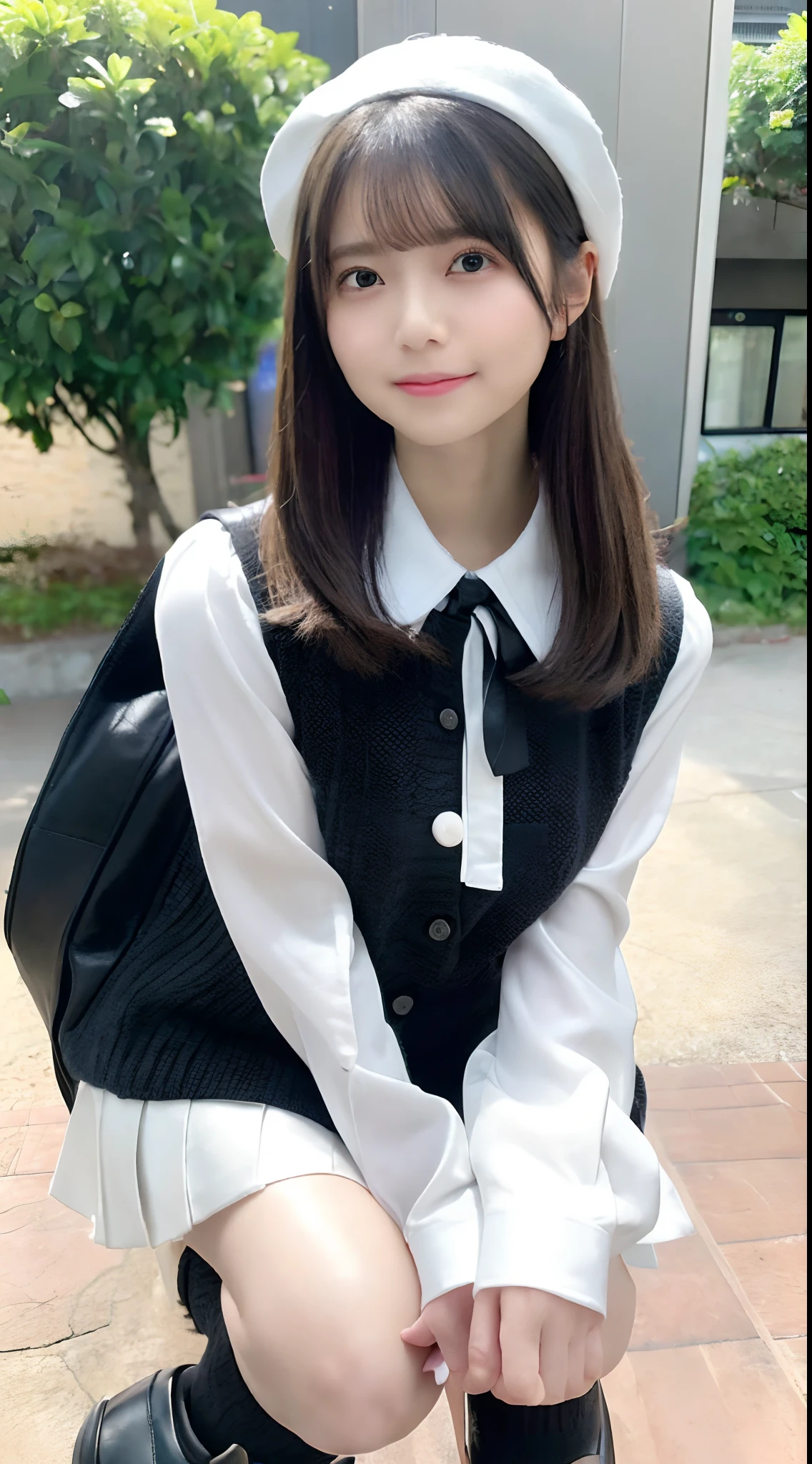 mix4, (8K, Raw photography, Top image quality, masterpiece: 1.45), (realisitic, Photorealsitic: 1.37), one girls, cute little, A city scape,, profetional lighting, photon maping, Radio City, physically-based renderingt, Gradient black hair,, a handsome, girl with, (((student clothes、Silk White Blouse、Dark blue knitted vest、White Satin Mini Skirt、No red tie pattern、Black High Socks、Black Loafers Leather Shoes))), Top Quality Photos, hight resolution, 1080p, (clearface), (Detailed face description), (Detailed hand description), (masterpiece), (Exquisite CG)、extreme light and shadows、dishevled hair、master work、abundant detail、(Fine facial features)、(top quality photo)、(masuter piece)、(A detailed eye)、Look in front of you、Fine clavicle、((Slender big))、((White beret)))、((Cute idol system))、((School Grounds))、(Shooting from random perspectives)、(((Anyway cute)))、耳Nipple Ring、A big smile、Drawing the whole body from the knees、Do not draw nasolabial folds、(((Holding a leather student bag in your hand)))、Big breasts that stand out from the top of clothes、Two legs、Standing Pose、