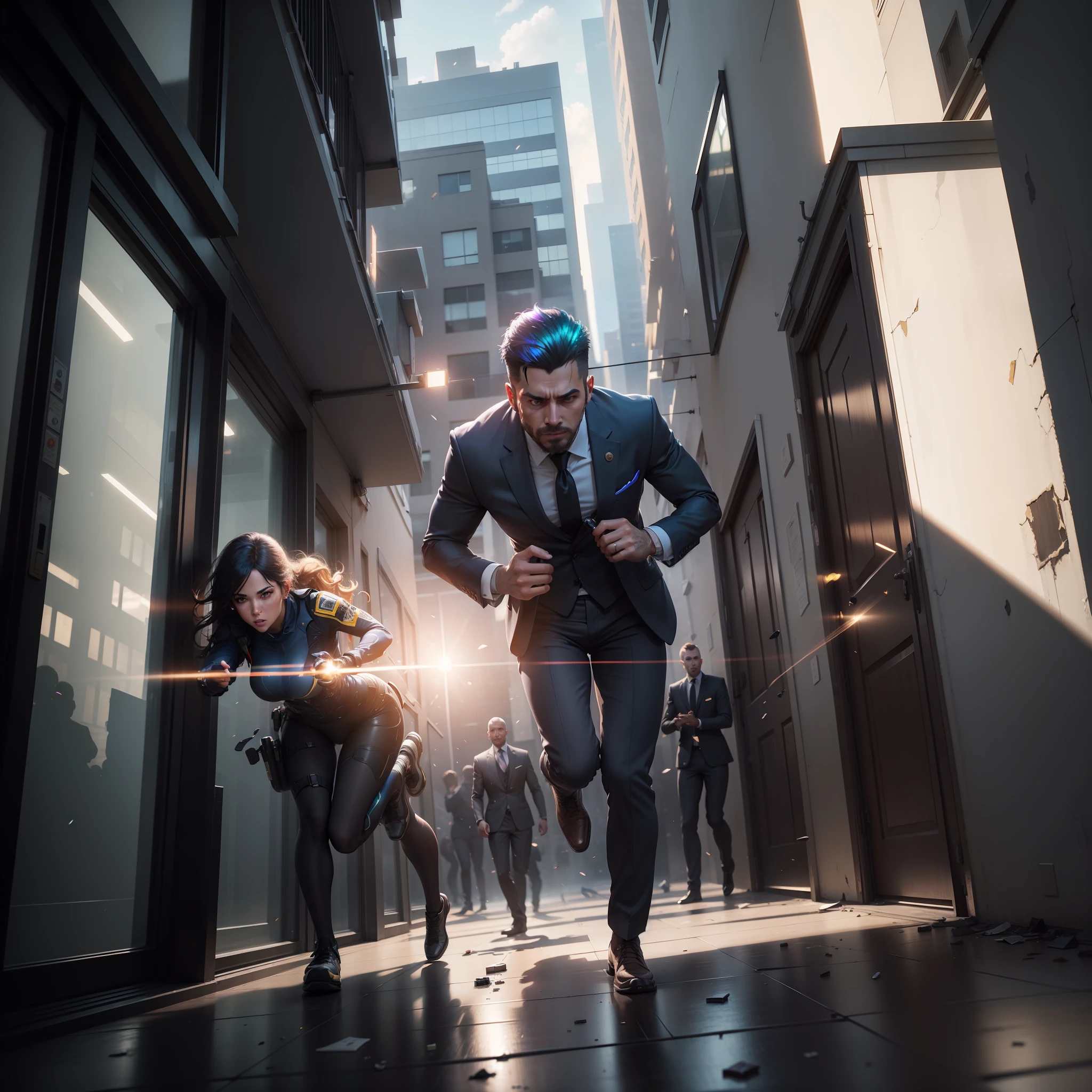 People wearing suits being shot at in a building, people falling and running in a building being hit by bullets, windows, walls, people all being shot with bullets, with iridescent light, highly detailed images, vibrant beautiful colours, photorealistic image, 8k, ultra HD, unreal engine rendered, cinematic lighting, artgerm style,