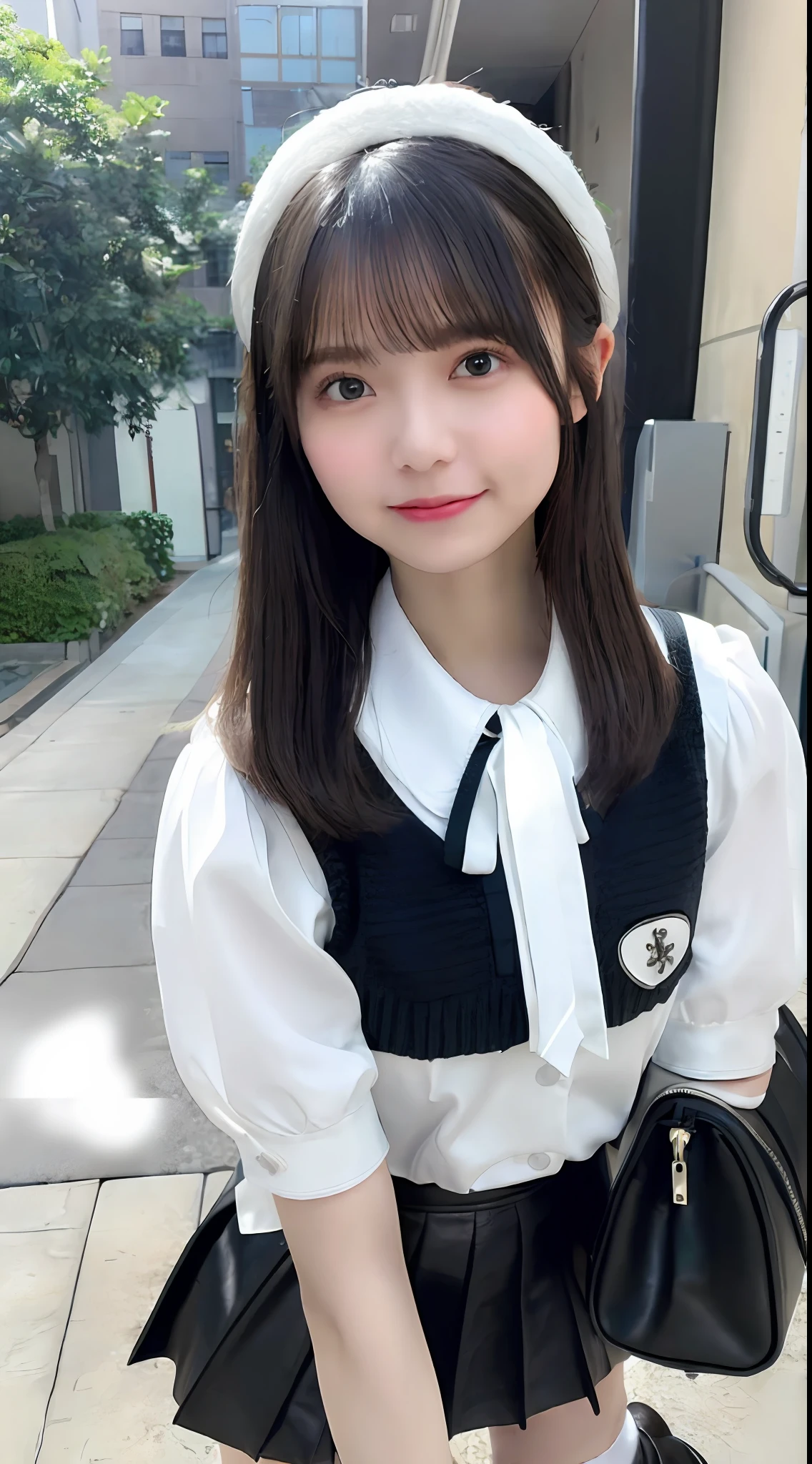 mix4, (8K, Raw photography, Top image quality, ​masterpiece: 1.45), (realisitic, Photorealsitic: 1.37), one girls, cute little, A city scape,, profetional lighting, photon maping, Radio City, physically-based renderingt, Gradient black hair,, a handsome, girl with, (((student clothes、Silk White Blouse、Dark blue knitted vest、White Satin Mini Skirt、No red tie pattern、Black High Socks、Black Loafers Leather Shoes))), Top Quality Photos, hight resolution, 1080p, (clearface), (Detailed face description), (Detailed hand description), (​masterpiece), (Exquisite CG)、extreme light and shadows、dishevled hair、master work、abundant detail、(Fine facial features)、(top quality photo)、(masuter piece)、(A detailed eye)、Look in front of you、Fine clavicle、((Slender big))、((White beret)))、((Cute idol system))、((School Grounds))、(Shooting from random perspectives)、(((Anyway cute)))、耳Nipple Ring、A big smile、Drawing the whole body from the knees、Do not draw nasolabial folds、(((Holding a leather student bag in your hand)))、Big breasts that stand out from the top of clothes、Two legs、Standing Pose、