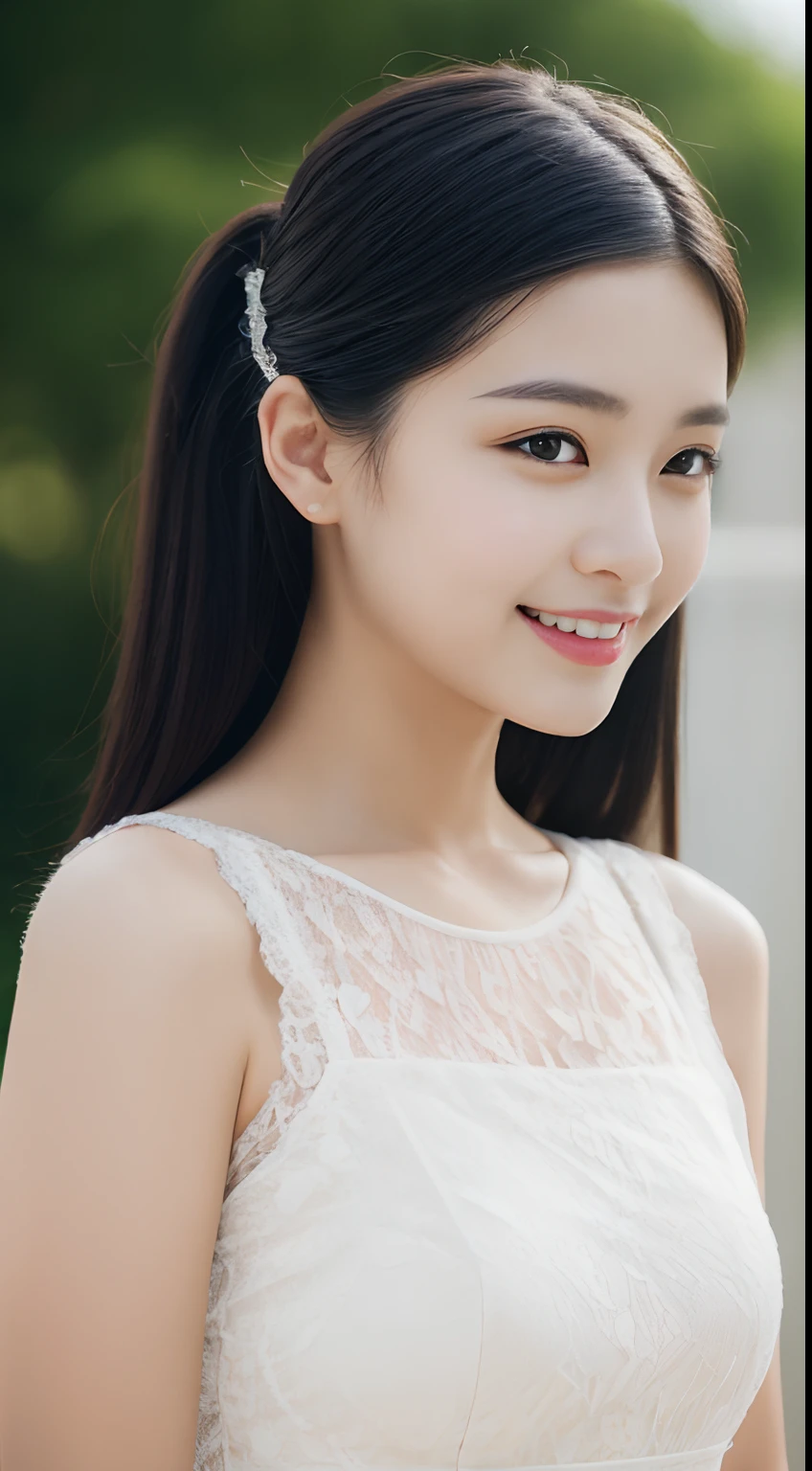 (Best quality, 8K, masterpiece:1.3)) , (one person: 1.4), 1girl, a Korean woman, a goddess, 25 years old, portrait photography, high contrast, God perspective, aperture F1.2, focal length 24mm, ( Full body: 1.2), smile, pose for photos, fine lace, slip dress, simple cut dress, brand dress, simple cut, long black hair, hair tied up, super detailed skin details, detailed fabric texture