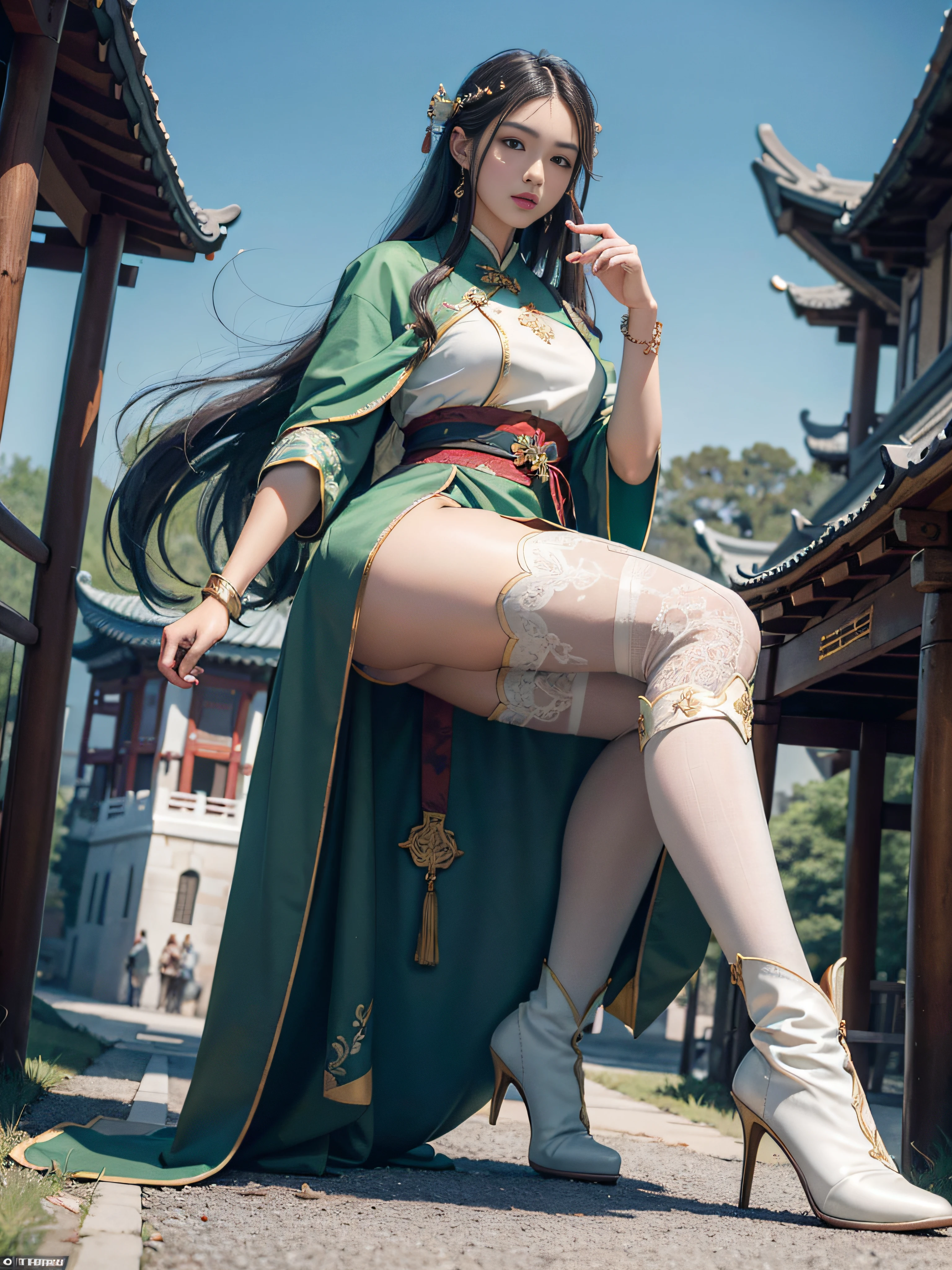 Mature older women,Royal sister,tmasterpiece,full bodyesbian,High-definition CG diagram,best qualityer,Oriental women,swordsmen,A high resolution,Absolutely beautiful,Hyper-detailing,Fine and detailed eyes and detailed face,garments:Hanfu,ancient wind,The top is a loose placket,Lower body shorts,Wearing delicate boots on his feet,Show knee-length stockings,Wear a bracelet,allure:long whitr hair,Slender eyebrows,Heroic,Wide buttock,Thick thighs,Chinese Ancient Architecture,standing on your feet,In battle,looking to the front,独奏