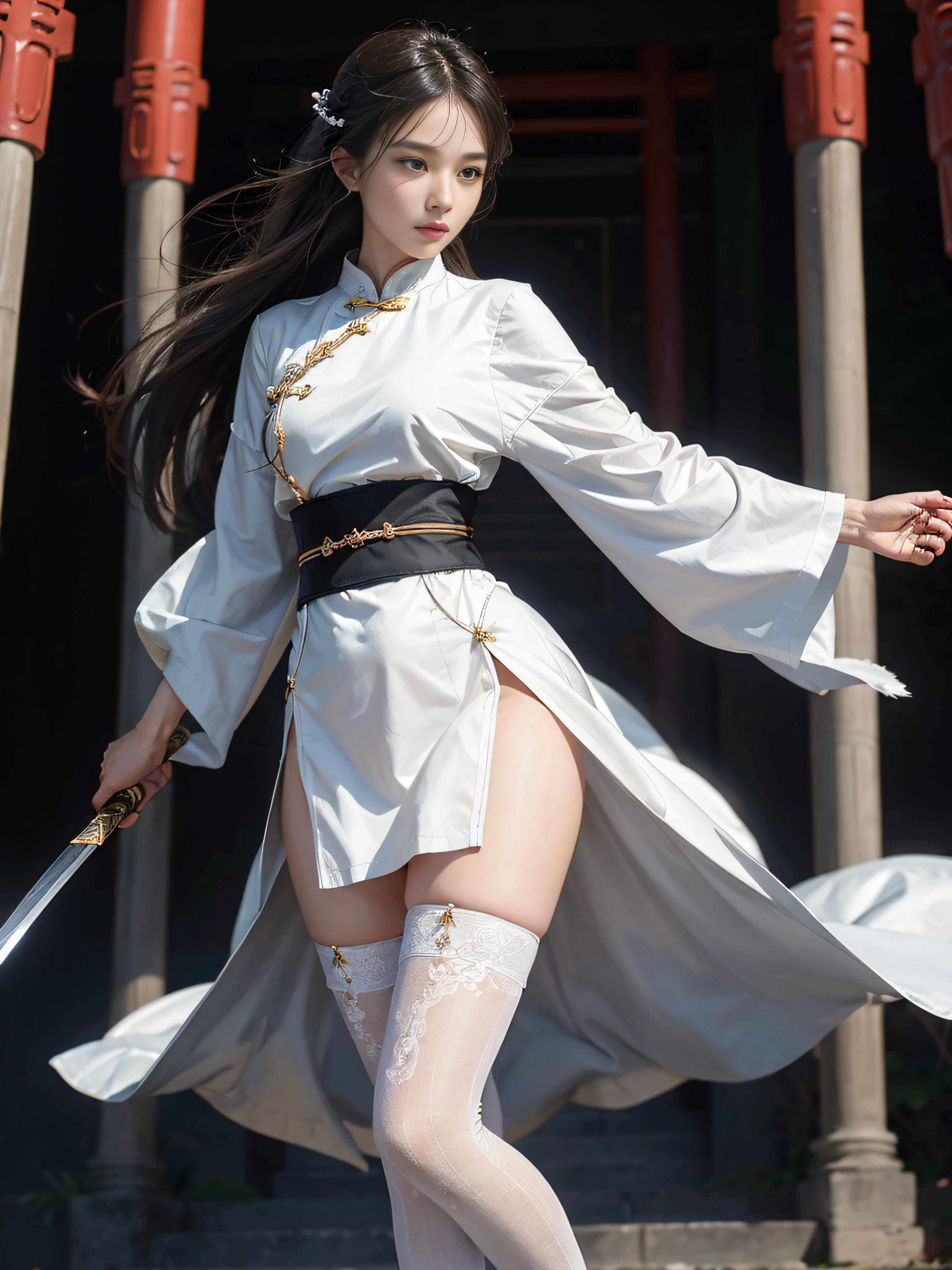 Mature older women,Royal sister,tmasterpiece,full bodyesbian,High-definition CG diagram,best qualityer,Oriental women,swordsmen,A high resolution,Absolutely beautiful,Hyper-detailing,Fine and detailed eyes and detailed face,garments:Hanfu,ancient wind,The top is a loose placket,Lower body shorts,Wearing delicate boots on his feet,Show knee-length stockings,Wear a bracelet,allure:long whitr hair,Slender eyebrows,Heroic,Wide buttock,Thick thighs,Chinese Ancient Architecture,standing on your feet,In battle,looking to the front,独奏