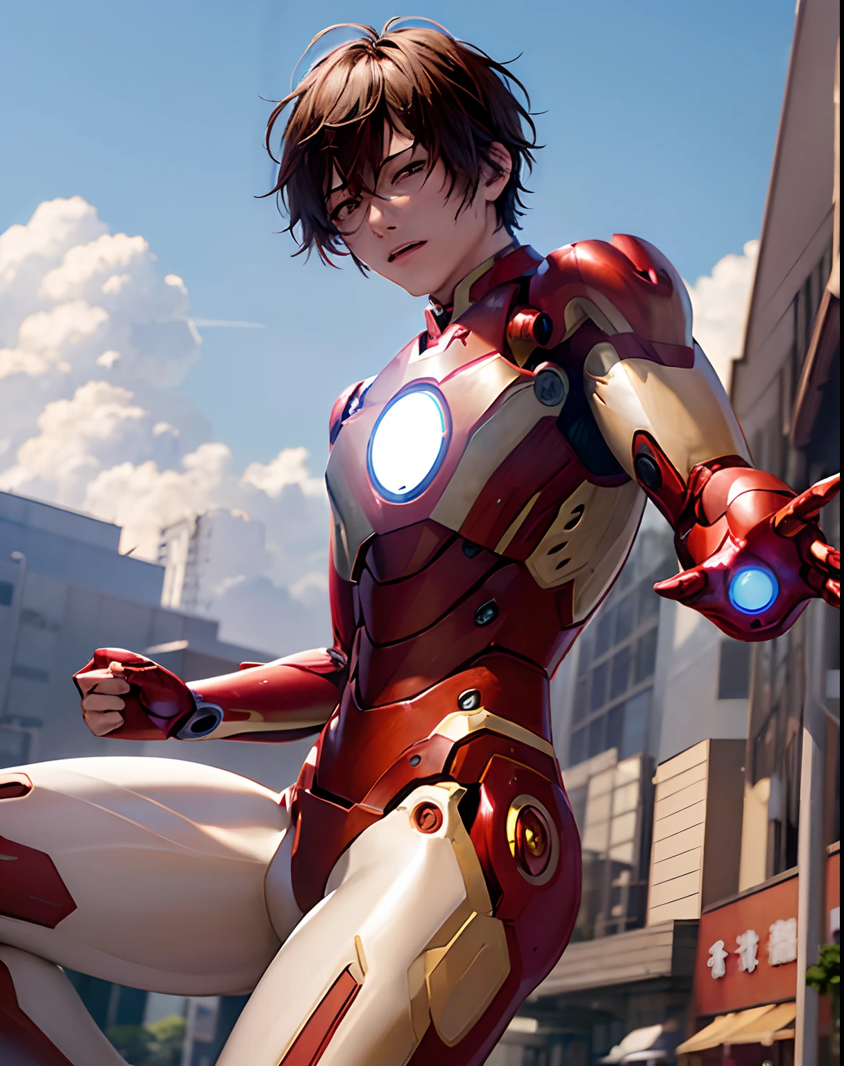 (​masterpiece、top-quality:1.2), The upper part of the body, 独奏, Male Focus, 1boy, dazai osamu, deadpan, Brown jacket, Painful face、fights、fighting poses、cowboy  shot、((ironman suit))