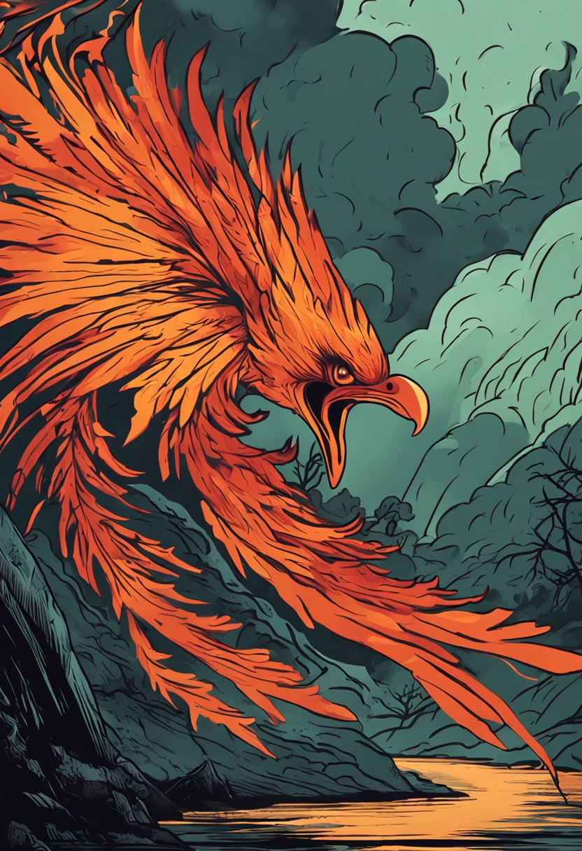 Develop an image with the representation of a phoenix flying over a burning forest, portraying firefighting actions