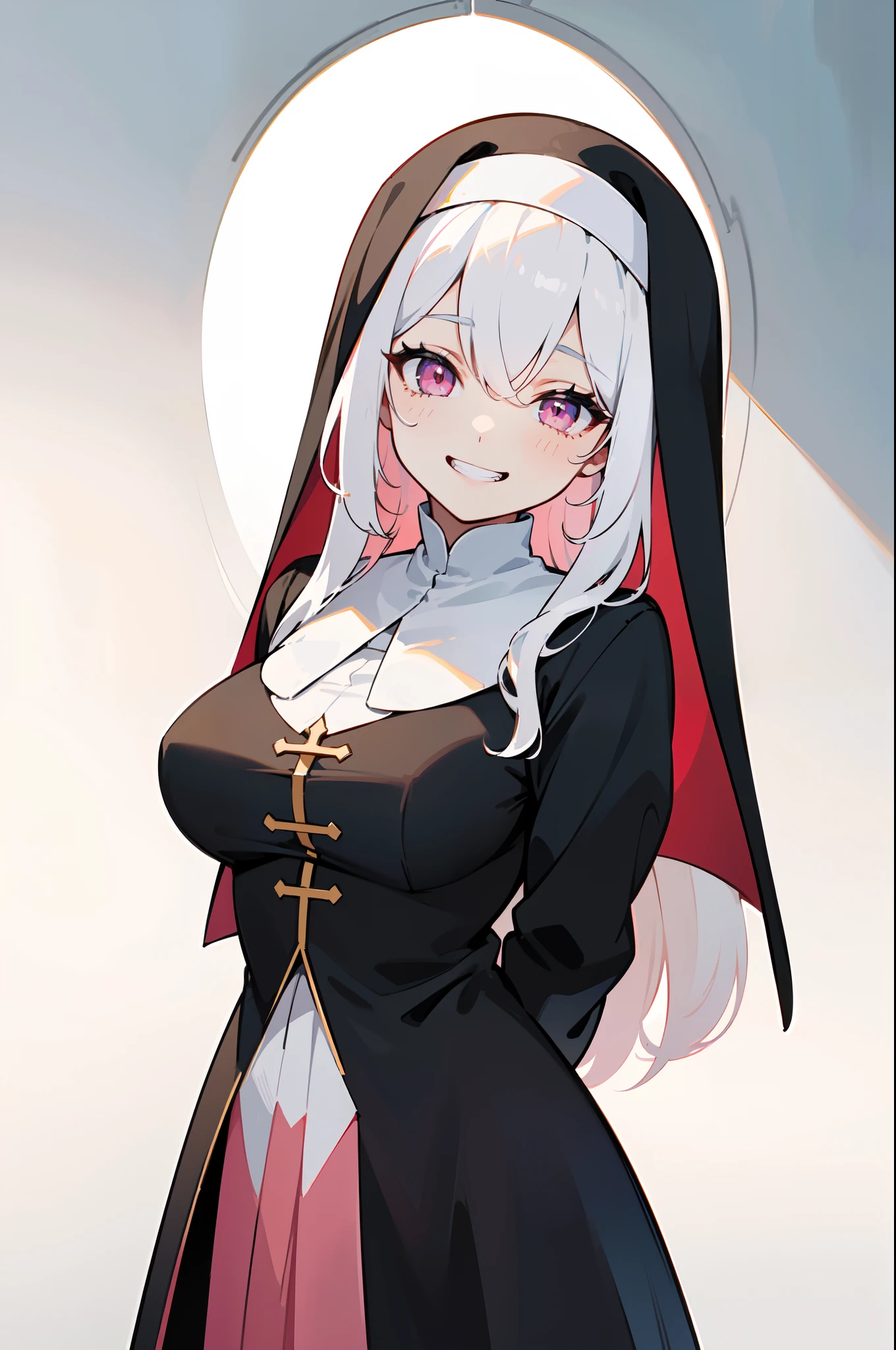 1girl, solo, (Appearance:, pure white hair:1.3, pink eyes, medium breasts, young girl, long hair, hair between eyes, wearing a COMPLETELY black nun clothes, nun please), (Actions:, standing, looking at viewer, smiling, arms behind back, grin:1.2), (Scenery:, winter, royal palace, sharp focus, pacific, tranquil, close-up, portrait, beautiful face), sense of divinity and calmness, ((masterpiece, best quality, illustration))