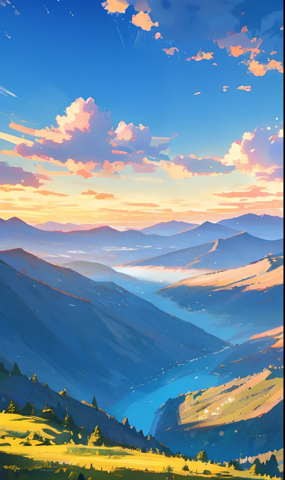 The rivers between the mountains and forests flow gently, and the detailed background rendering of the scenery is a masterpiece. Under the extreme picture quality, the sun gathers into a large aperture during the day, and the clouds are leisurely, looking up at the sky.