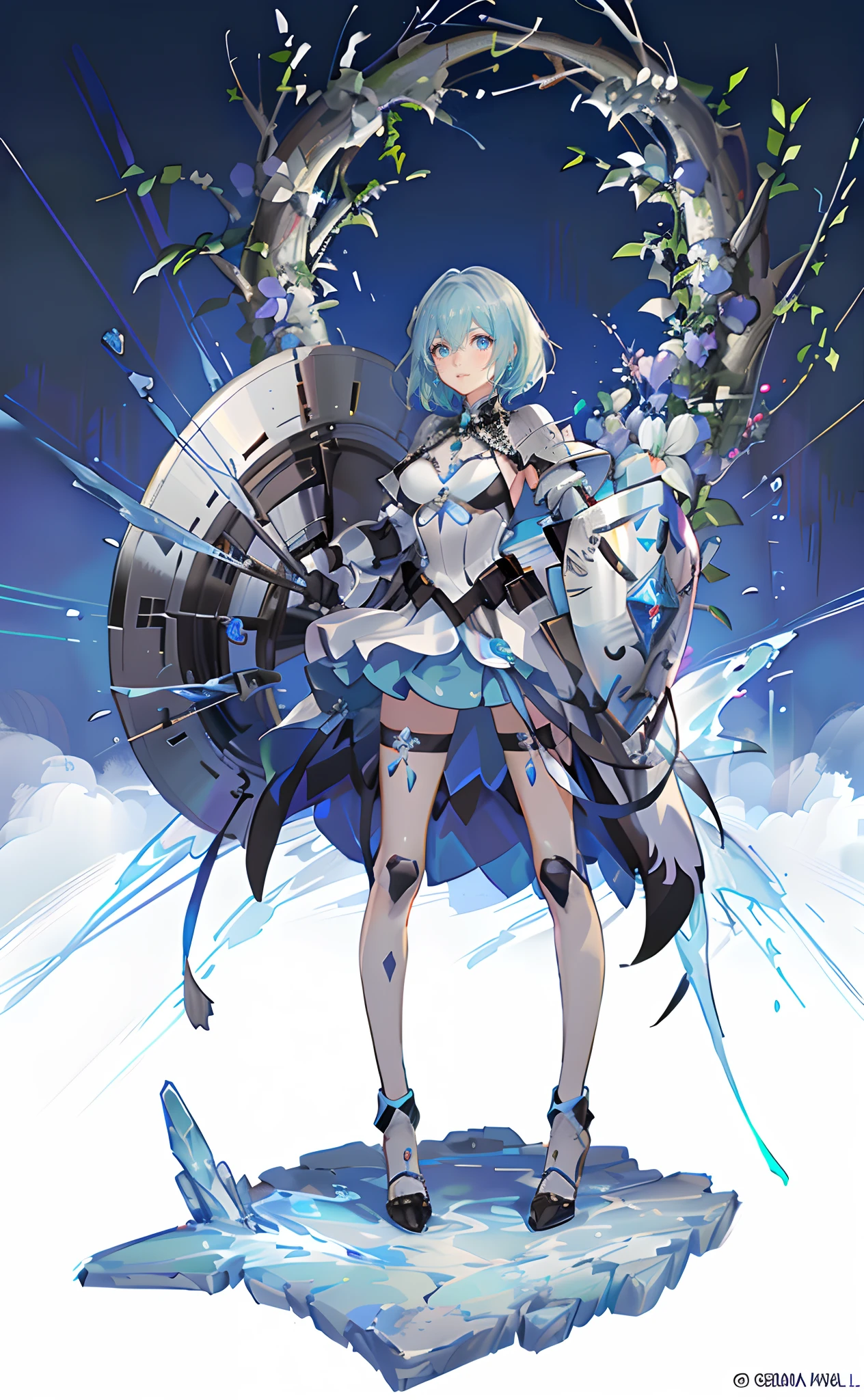 best qualityer，tmasterpiece，Ultimate resolution，downy，Extremely colorful，Colorful，Lady Knight，Royal Sister，Cyan blue armor skirt，Full body set with gemstones，Sapphire，huge tit，（White super short hair），Shield set with precious stones，jewelry，Pedras preciosas，Normal posture