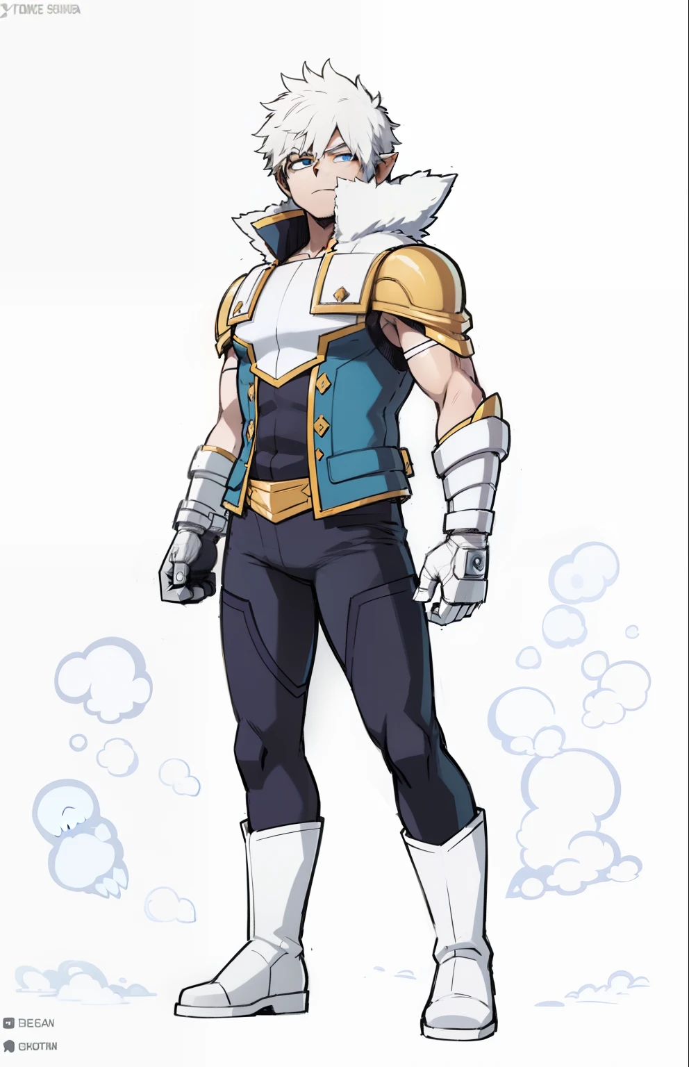 My Hero Academia style, anime boy, male, young male, trending on artstation pixiv, (full body shot:0.5), Ash white hair, shoulder length hair, Blue goggles in the eyes, blue goggles, Goggles on the eyes, pointy ears, hero outfit, full body outfit, white and blue sleeveless outfit, white metallic gauntlets, metallic gauntlets, white gauntlets, White Calf Boots, Perfect Anatomy, Super Detailed,