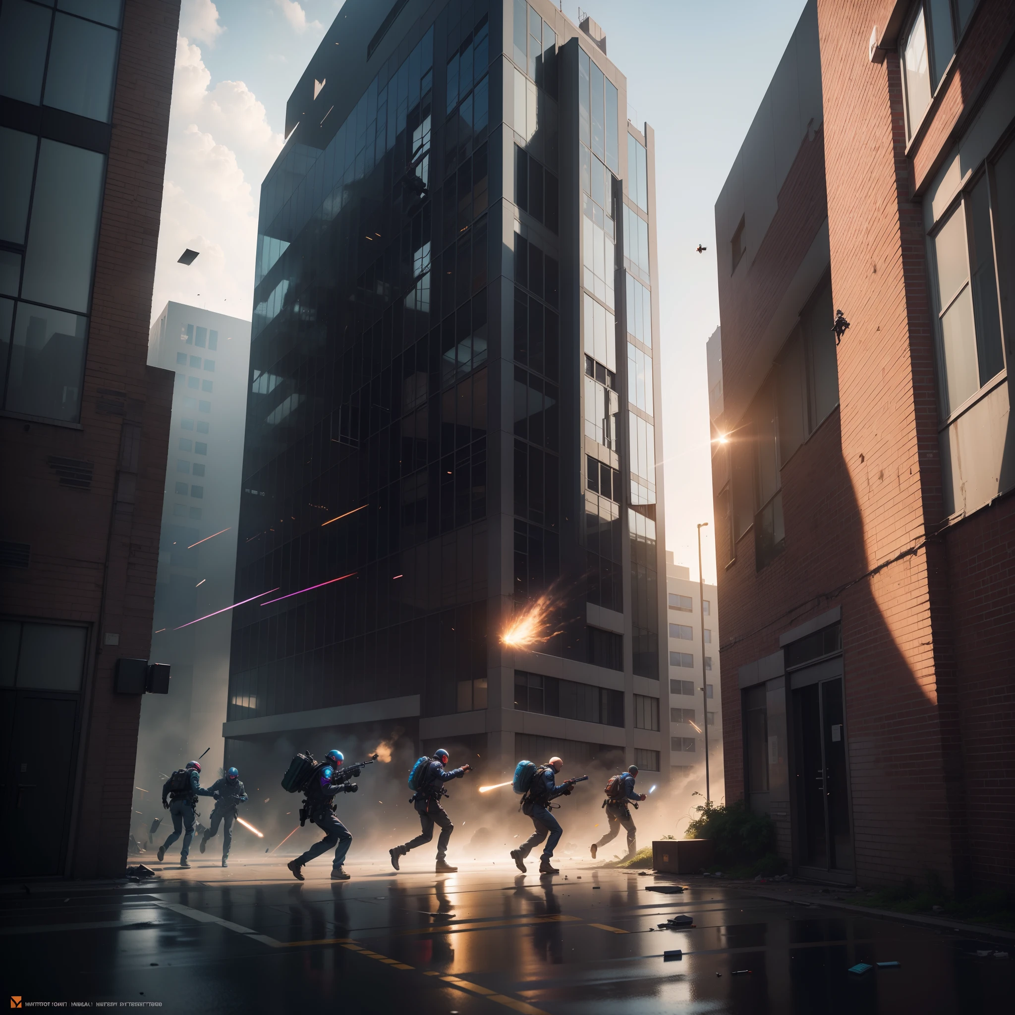 People wearing suits being shot at in a building, people falling and running in a building being hit by bullets, windows, walls, people all being shot with bullets, with iridescent light, highly detailed images, vibrant beautiful colours, photorealistic image, 8k, ultra HD, unreal engine rendered, cinematic lighting, artgerm style,