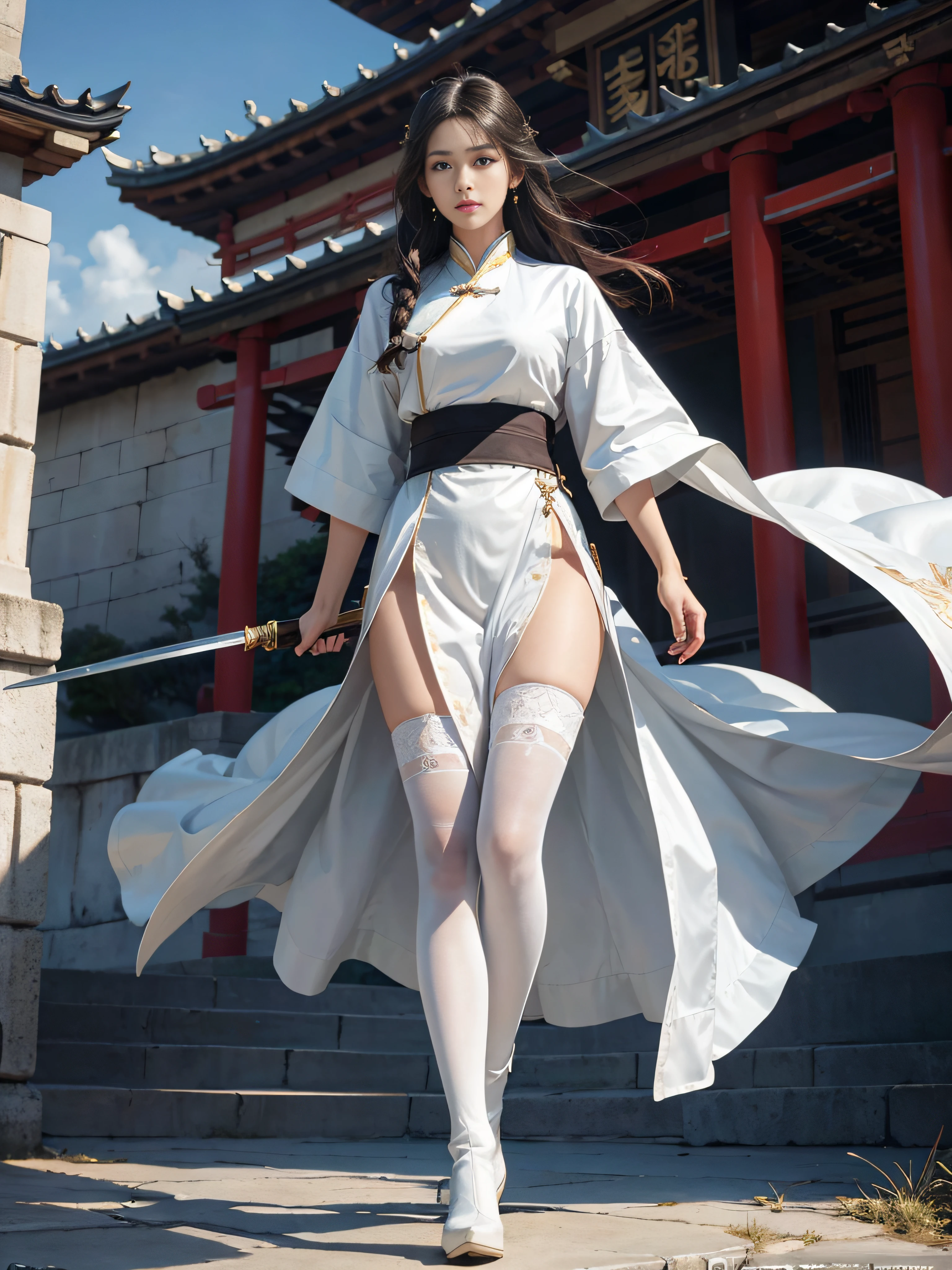 Mature older women,Royal sister,tmasterpiece,full bodyesbian,High-definition CG diagram,best qualityer,Oriental women,swordsmen,A high resolution,Absolutely beautiful,Hyper-detailing,Fine and detailed eyes and detailed face,garments:Hanfu,ancient wind,The top is a loose placket,Lower body shorts,Wearing delicate boots on his feet,Show knee-length stockings,Wear a bracelet,allure:long whitr hair,Slender eyebrows,Heroic,Wide buttock,Thick thighs,Chinese Ancient Architecture,standing on your feet,In battle,looking to the front,独奏