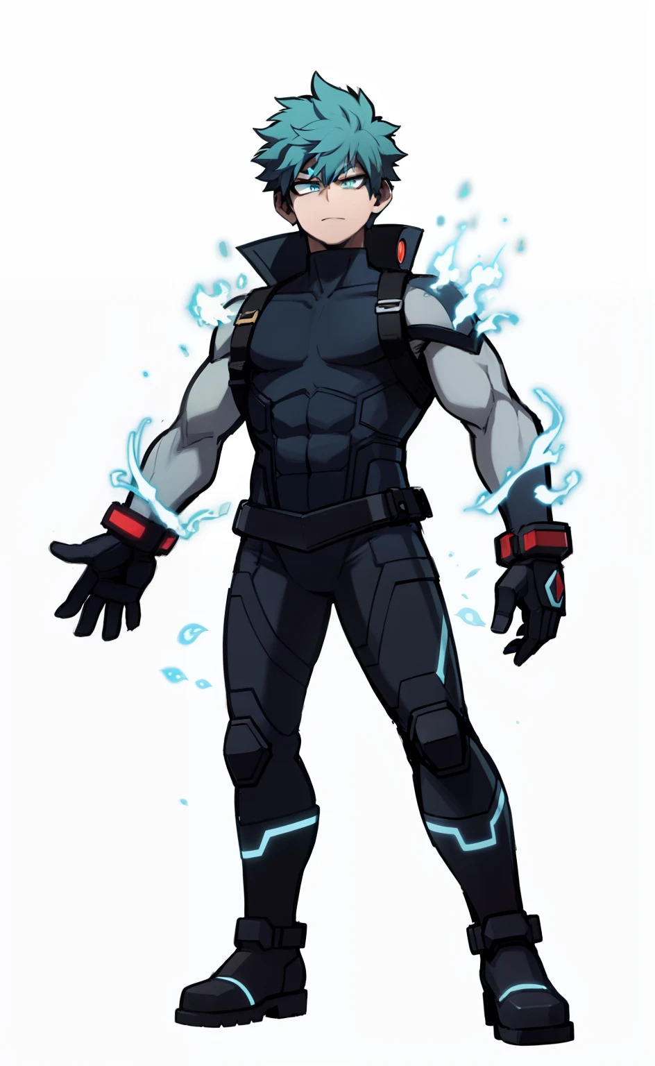 My Hero Academia style, anime boy, male, young male, trending on artstation pixiv, (full body shot:0.5), Blue fire skin, fire skin, blue skin, blue flaming face, white eyes, flaming face, blue flames, hero suit, full body suit, sleeveless black suit, Black gloves, black shin boots, manos perfectas, Perfect Anatomia, super detailed,