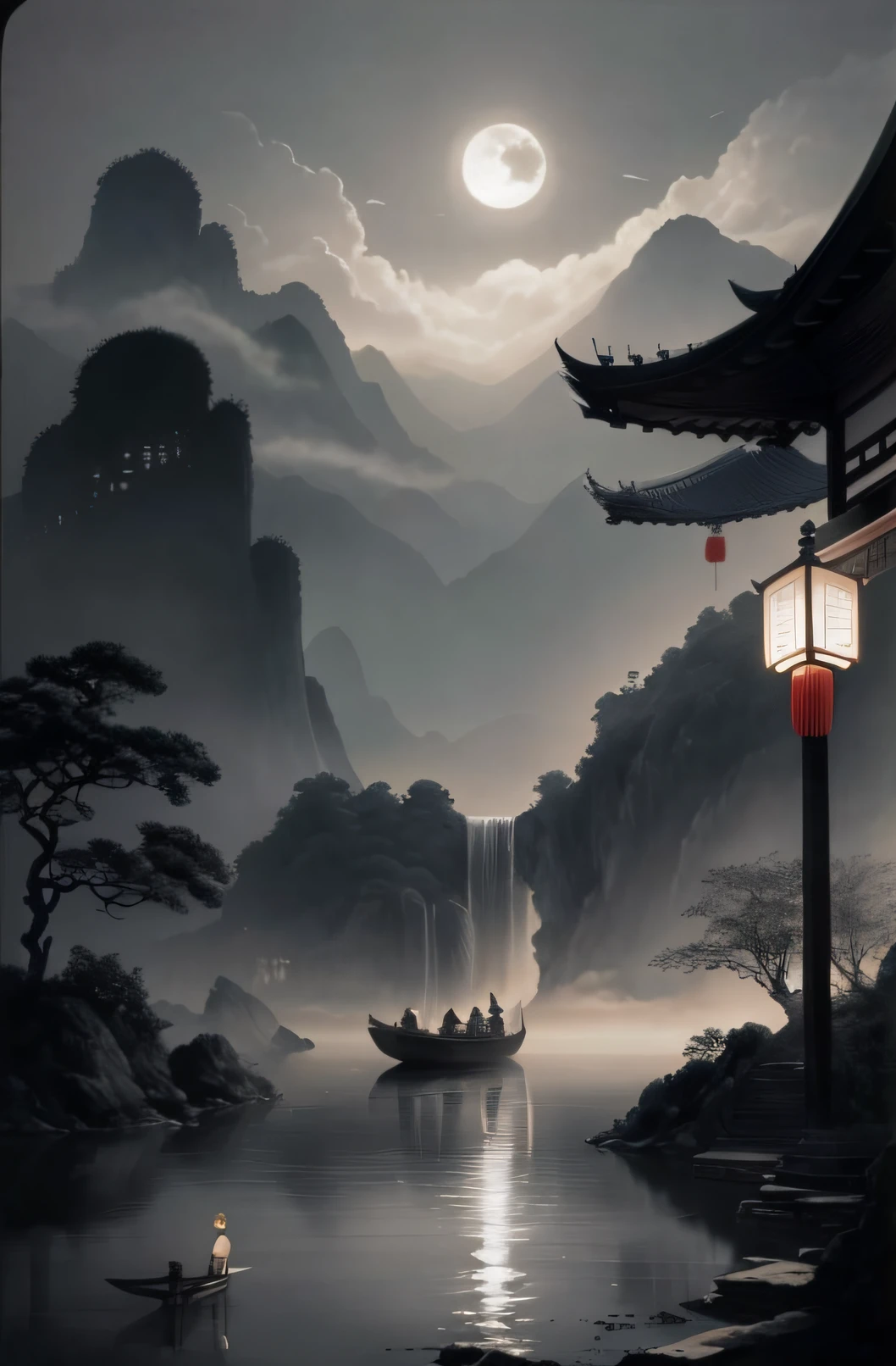 A painting of a boat floating on the top of a river under a full moon, author:Qu Leilei, by Yang J, Chinese landscape, Inspired by Fenghua Zhong, author:Fan Qi, author:Wang Lei, inspired by Andreas Rocha, author:Wang Yi, author:Song Xu, andreas rocha style, By Li Song, Chinese fantasy, by Raymond Han