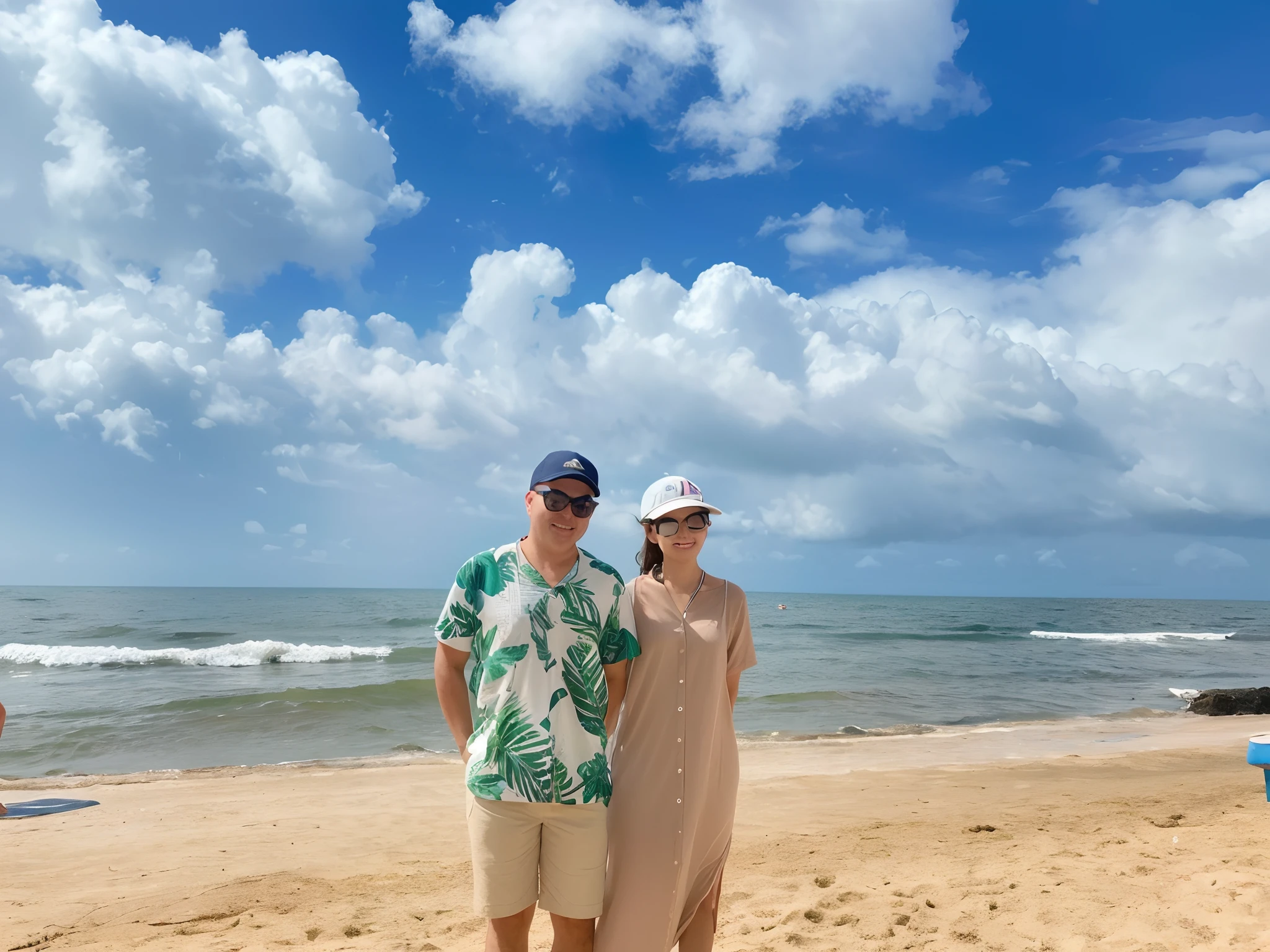 there are two people standing on the beach together, standing near the beach, standing at the beach, posing on a beach with the ocean, vacation photo, 🤬 🤮 💕 🎀, the ocean in the background, profile image, sunny day at beach, profile pic, at a tropical beach, standing beside the ocean, at the beach, beach pic, in the beach