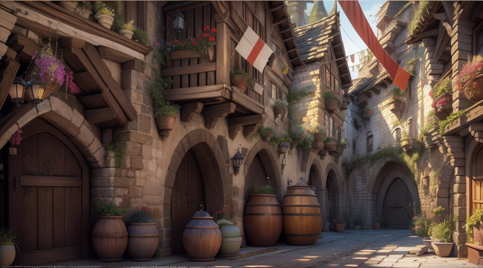 a closeup of a street with a building and a bunch of flags, a bustling magical town, Cidade da fantasia de Medeival, fantasy town setting, Whiterun no estilo da Pixar, beautiful render of a fairytale, cidade da fantasia, Cidade medieval, global ilumination!! intrincado, arte conceitual disney, arte conceitual altamente realista, Fantasia pintura escura, 1 girl, bela arte conceitual, (master part, melhor qualidade:1.2), ultra-detalhado, Sala do castelo medieval, foto de corpo inteiro EdobMWC costume8744 uma mulher com arco e flecha, clivagem exposta, (Realistic:1.5),