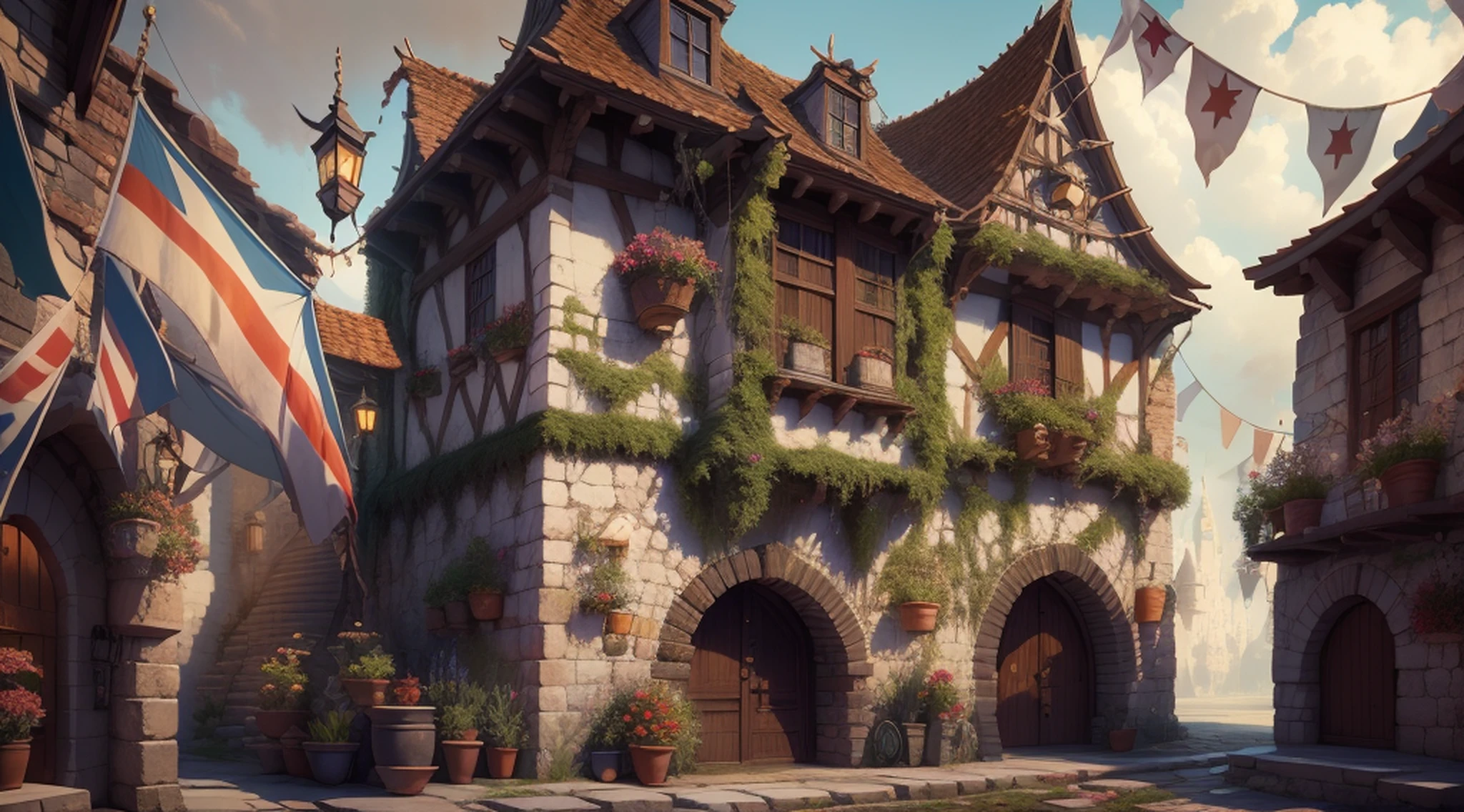 a closeup of a street with a building and a bunch of flags, a bustling magical town, Cidade da fantasia de Medeival, fantasy town setting, Whiterun no estilo da Pixar, beautiful render of a fairytale, cidade da fantasia, Cidade medieval, global ilumination!! intrincado, arte conceitual disney, arte conceitual altamente realista, Fantasia pintura escura, 1 girl, bela arte conceitual, (master part, melhor qualidade:1.2), ultra-detalhado, Sala do castelo medieval, foto de corpo inteiro EdobMWC costume8744 uma mulher com arco e flecha, clivagem exposta, (Realistic:1.5),