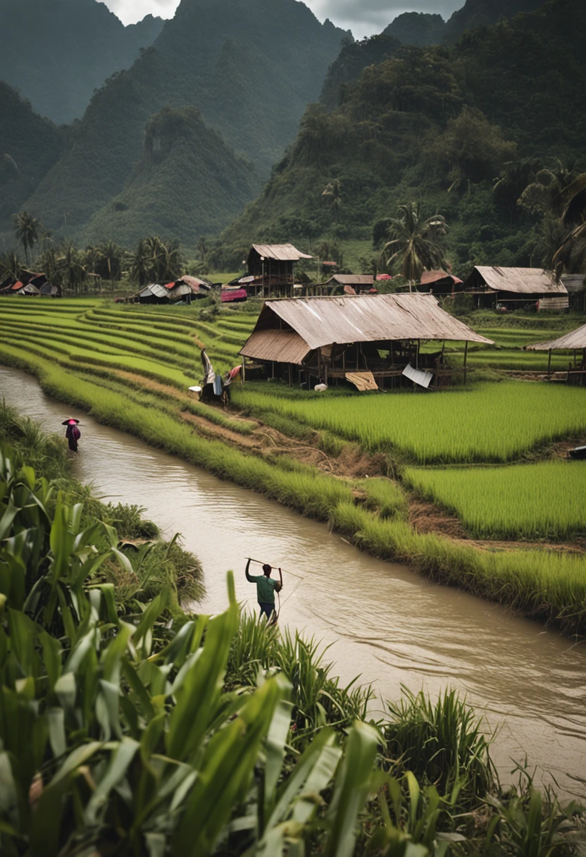 farmer Laos Vang Vieng is surrounded by small hills.,In the middle is a flat rice field with endless views.,Golden grain。There is a small river at the foot of the mountain.,On both sides of the river planted bamboo clusters.,Small children herding cows,While running happily in the fields. --auto