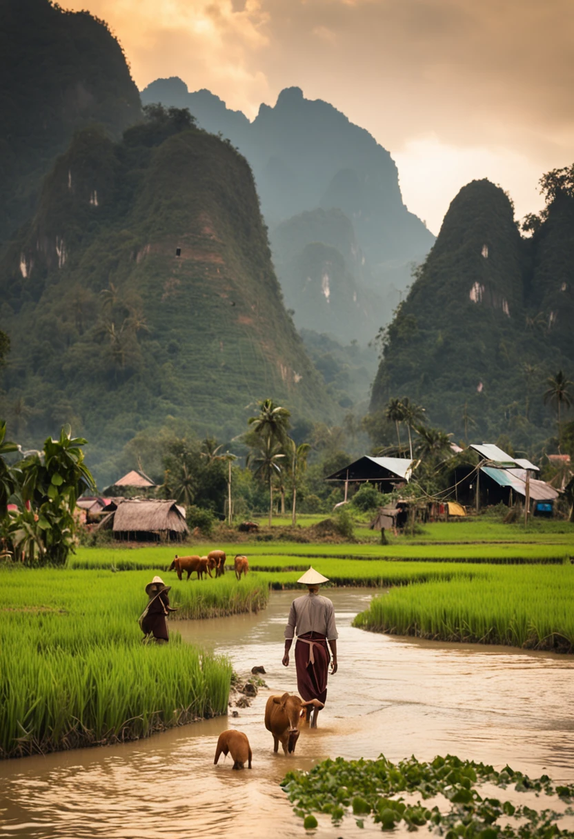 farmer Laos Vang Vieng is surrounded by small hills.,In the middle is a flat rice field with endless views.,Golden grain。There is a small river at the foot of the mountain.,On both sides of the river planted bamboo clusters.,Small children herding cows,While running happily in the fields. --auto