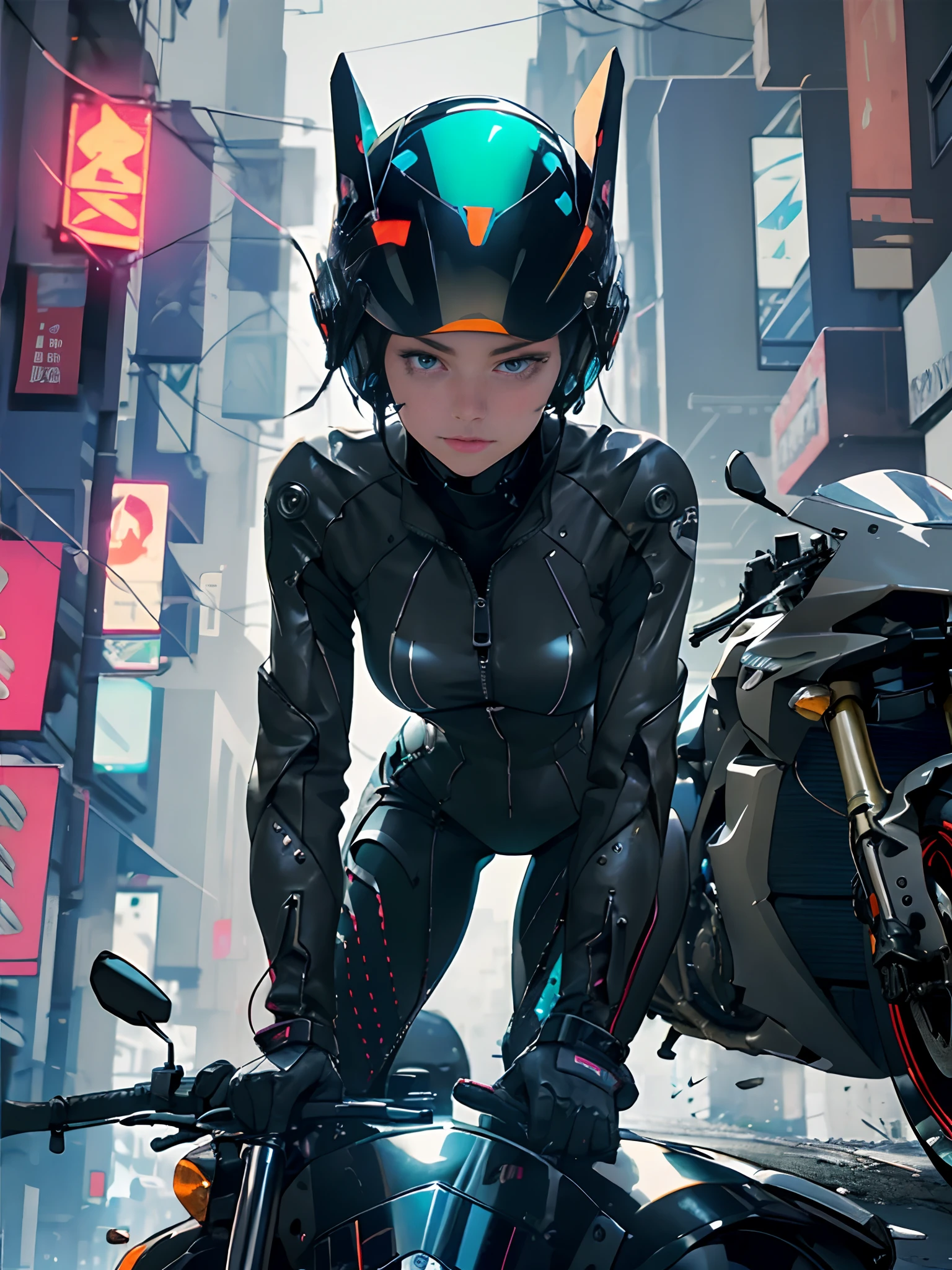 solo, Raw photo, realistic, masterpiece, best quality, high resolution, ultra detailed, official arts, unity 8K wallpaper, offical wallpaper, 1girl,1female, helmet, bodysuit, black bodysuit, skin tight, biker clothes, (animal ears), bikesuit, leather, (large breasts), slim waist, wide hips, night, moonlight, cybernetic motorcycle gloves, (unzipping clothes), innerboob, pose, (a person in a cyberhelmet of future), white cyberhelmet, fantastic, cybernetic, reflections on dark glass and plastic, close up, motion lines, buttom up top down,  (bent over), hyper detailed, neon lights, neon colors, cyberpunk, reflections, shining, sparks, detailed arms, detailed fingers, detailed legs, small detailed, dark background, (leaning front and down),  seductive pose, sexy view, hair from fiber optic wires and electrical cables, leaning back on the motorcycle of the future,
