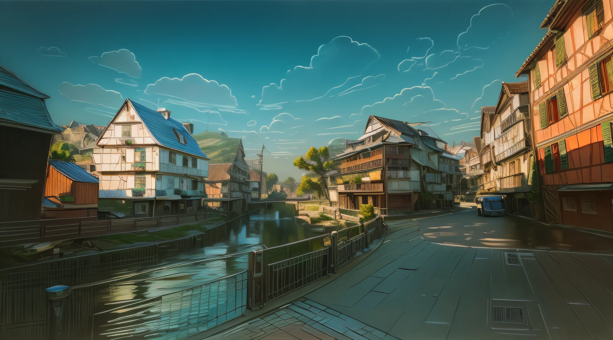 small town；scenecy；the street；rios；bru；parapets；the trees；House building；oil painted；Artistically；baiyun；blue-sky