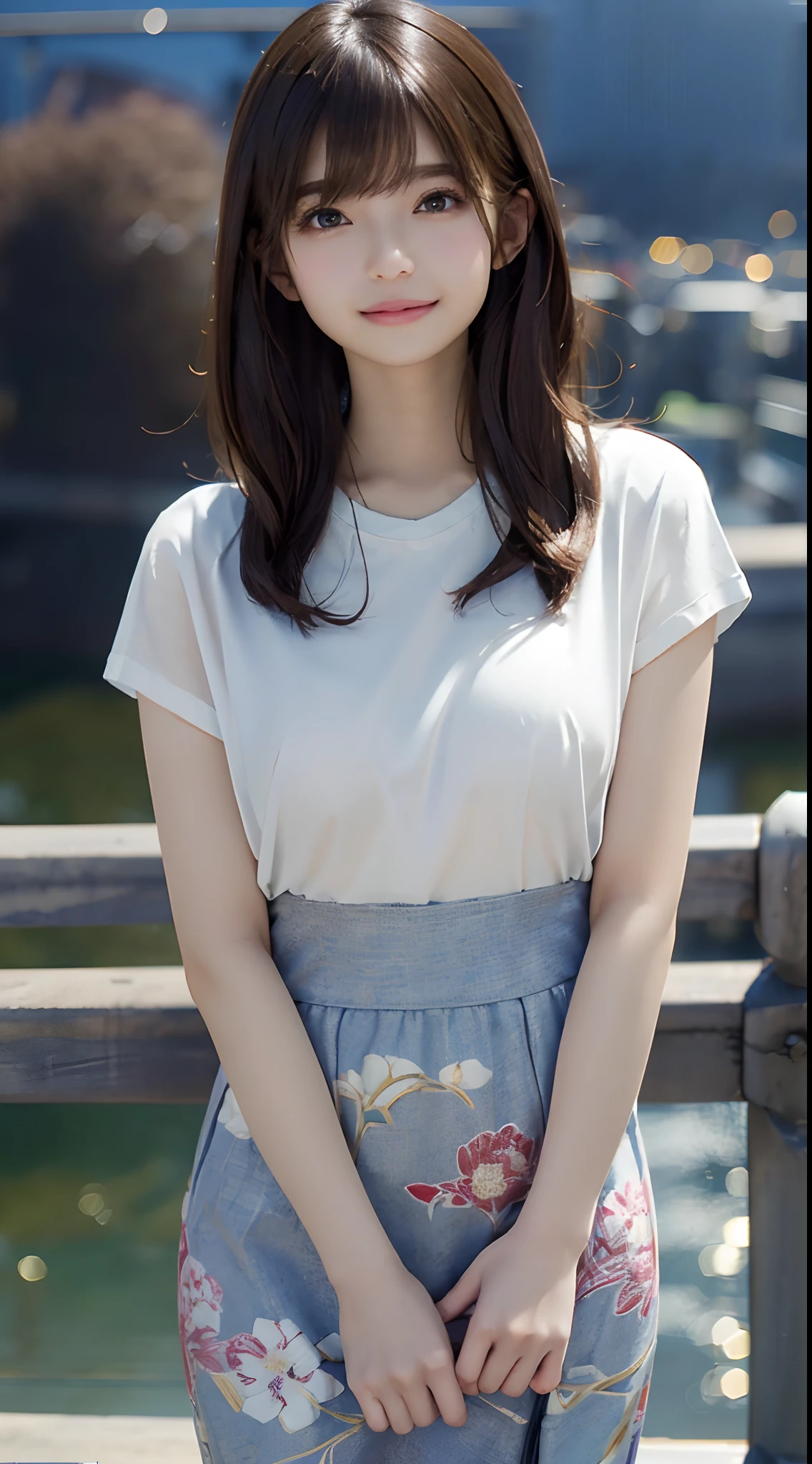 Masterpiece, one beautiful woman, detailed face, detailed eyes, detailed skin, top quality, Japanese, brightly lit from the front, professional lighting, facing straight on, background slightly blurry, London cityscape in background (on bridge), smiling, brown hair, short hair, cold weather, weather slightly foggy, 24 years old, portrait style, outfit is T-shirt,