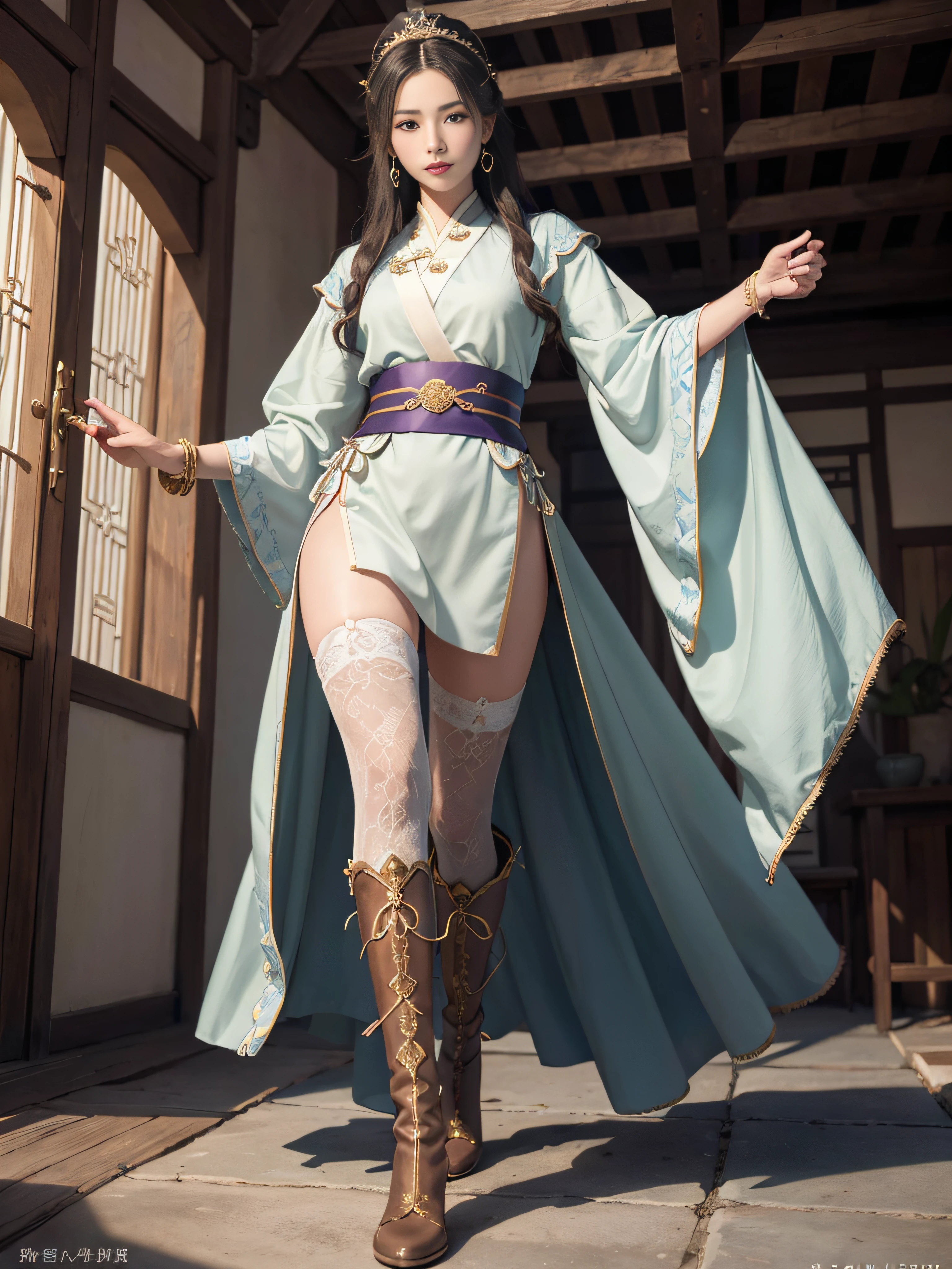 Mature older women，Royal sister，tmasterpiece，full bodyesbian，High-definition CG diagram，best qualityer，Oriental women，swordsmen，A high resolution，Absolutely beautiful，Hyper-detailing，Fine and detailed eyes and detailed face，garments：Hanfu，ancient wind，The top is a loose placket，Lower body shorts，Wearing delicate boots on his feet，Show knee-length stockings，Wear a bracelet，allure：long whitr hair，Slender eyebrows，Heroic，Wide buttock，Thick thighs，Chinese Ancient Architecture，standing on your feet，In battle，looking to the front，独奏