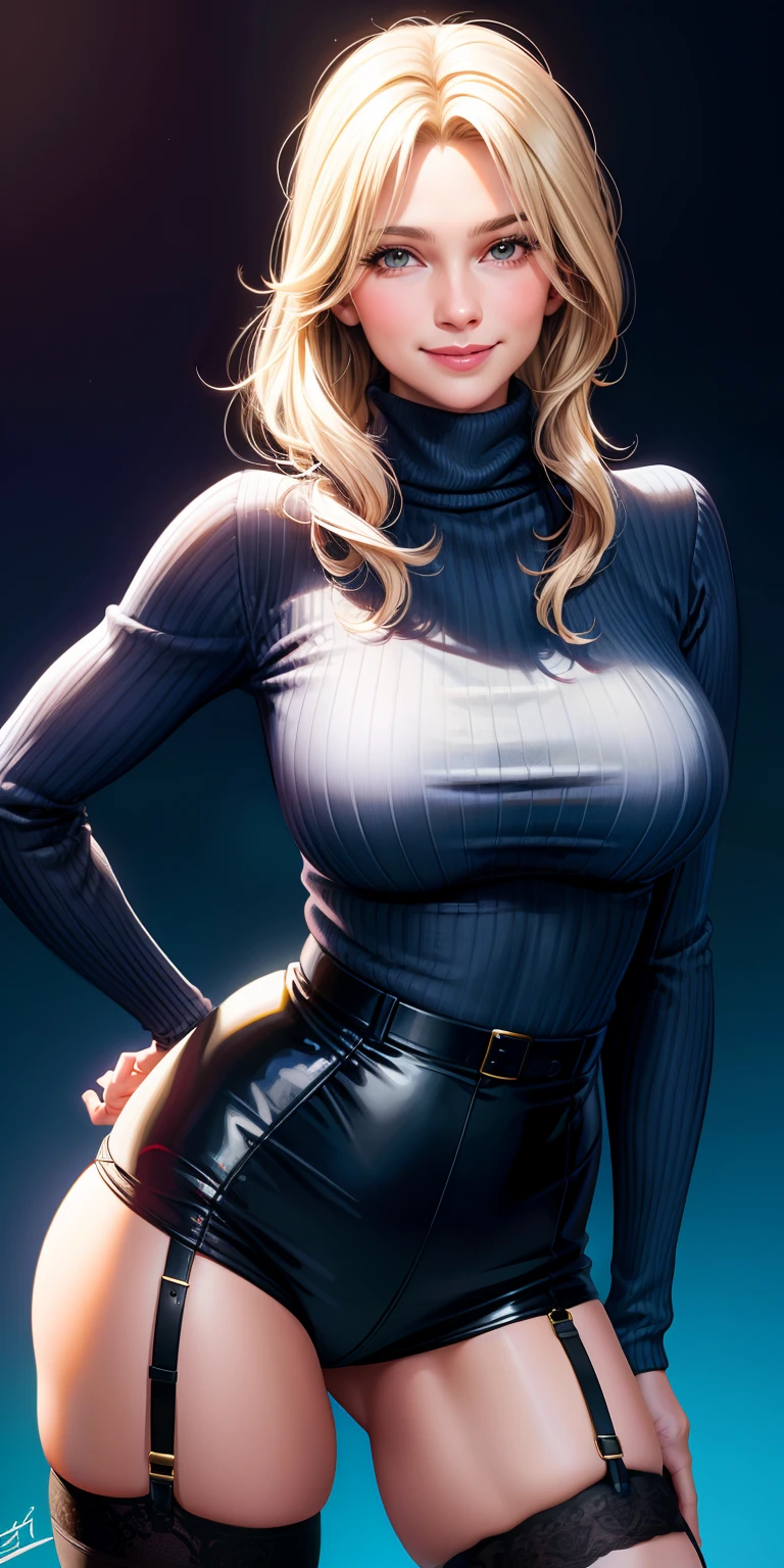 realistic, woman, turtleneck sweater wearing, garter belt wearing, sexy pose, smiling face