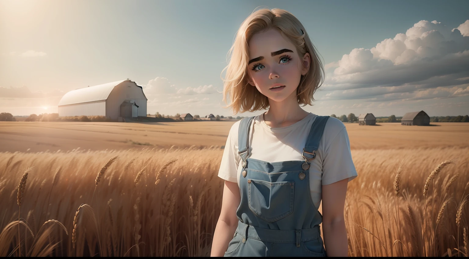 gorgeous woman ("kiernan shipka"), behind view, pale shinny skin, in a wheat field farm, overalls only, no shirt, warm light, ray tracing, backlighting, UHD, anatomically correct, textured skin, super detail, award winning, masterpiece, 8k, best quality