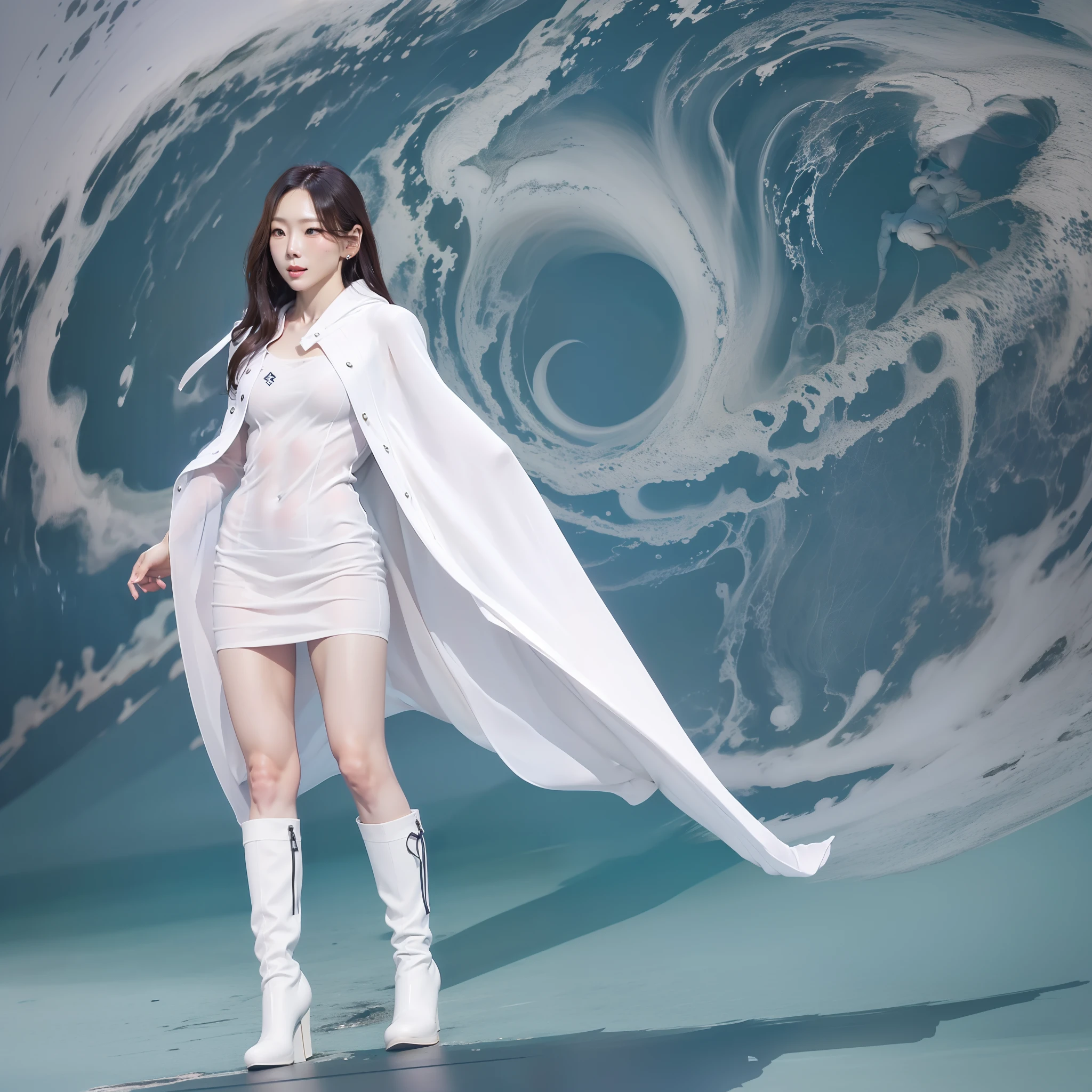 Natural superpowers, maam. Typhoon Tae-yeon wears a typhoon logo uniform，White cloak, Long white gloves on his hands, Wear white knee-length boots on her feet, Stand in the middle of a typhoon，Release energy to photograph the whole body