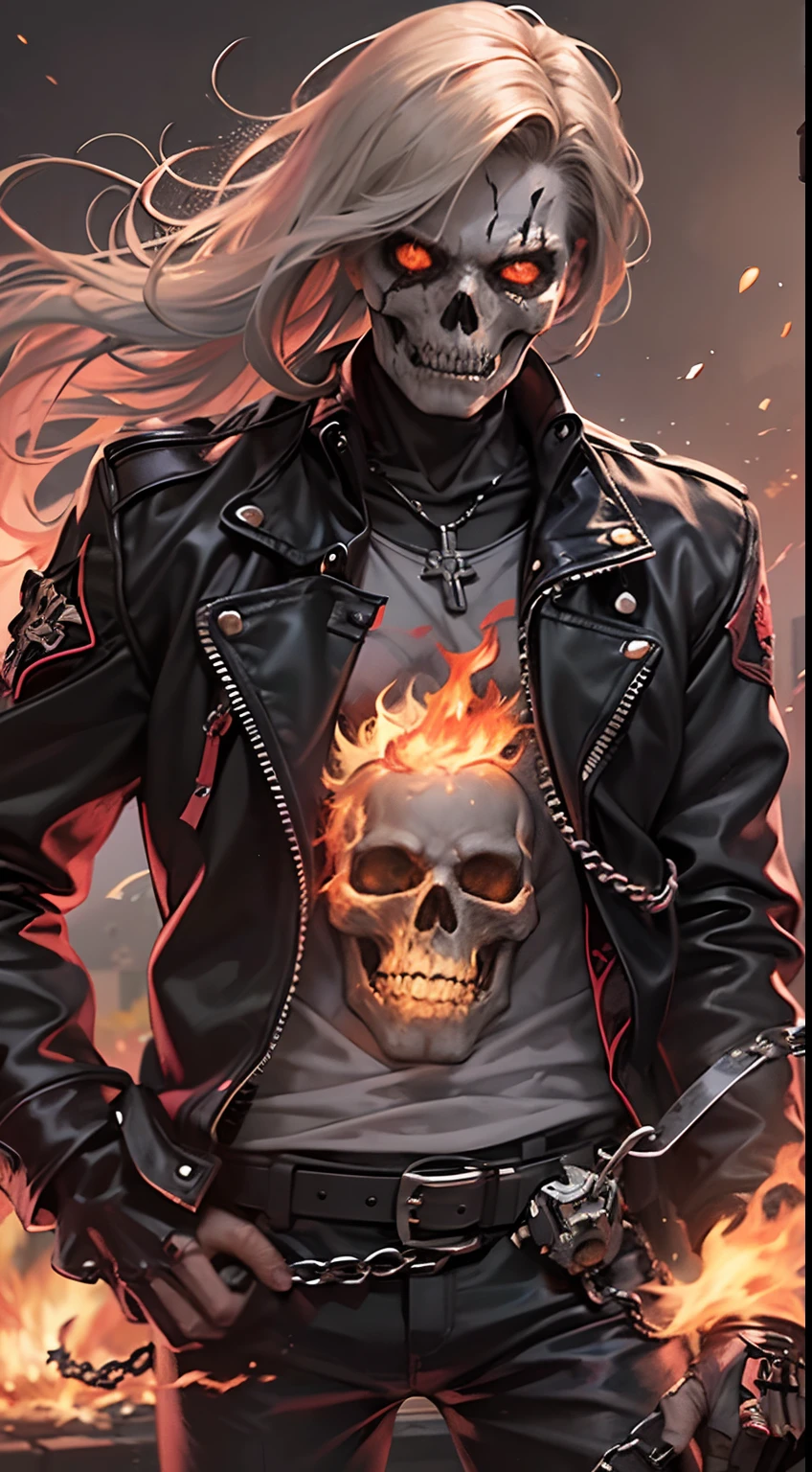 Female version of Ghost Rider， （Ghost Rider），A superhero under the Marvel Comics umbrella，The image is usually a burning human skeleton、Wear leather clothing、Heroes in chains，And get on a flaming motorcycle，Fight evil enemies everywhere。Flames flutter in the wind，The burning skull speaks of his immense hatred，He gave his soul to hell，Surround your filthy body with poisonous fire and chains，In his fiery eyes，You see your own sinful life，That manic laughter devours your entire soul。Ride a spooky Harley for the night，Walk between hell and earth，The roar of the motor is accompanied by a roar of anger，What remains is a line of fire that attracts light and darkness。Everywhere the motorcycle passes, It will be a mess，There will also be fire marks on the road。Influenced by supernatural forces，The deep flames of hell，Will directly cover the whole body of the Evil Spirit Knight，After the flesh and blood were burned，It took the form of hellfire。If you don't wear clothes，Skeleton and fire do not make the character visible，If you put on clothes，It can show a part of the body in human form，And better than the host body in human form。Hellfire can scorch anything as the Ghost Rider himself wishes，Or something that won't hurt any evil spirit knights。